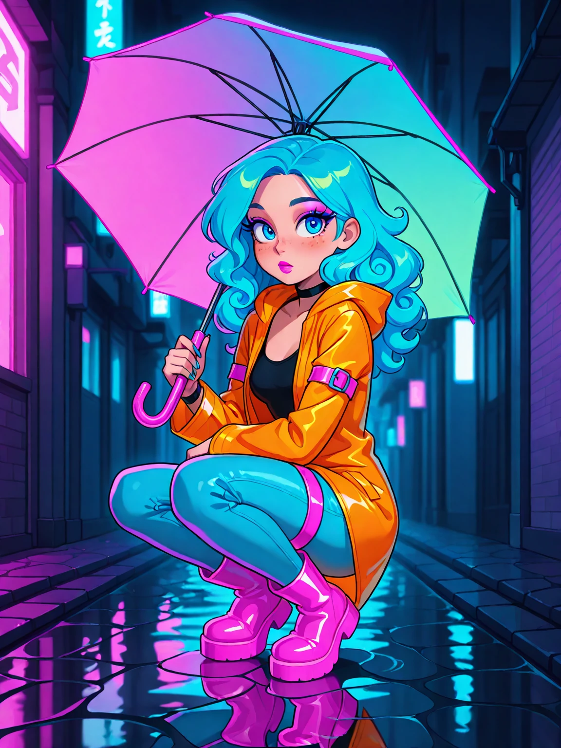 (neonkarc_illust), <emb:Stable_Yogis_Ill_Positives> BREAK, masterpiece, detailed_eyes, high_quality, best_quality, highres, subject_focus, depth_of_field, best quality, amazing quality, very aesthetic, ultra-detailed, absurdres, newest, scenery, (face focus), anime style, perfect face,
BREAK,
1girl, long neon blue hair, curly hair, big hair, small breasts, thin, (big blue eyes), beautiful face, perfect eyes, small wide nose, long eyelashes, long pointed nails, neon multicolored nail polish, neon lipstick, blush, freckles, (neon orange raincoat), neon skinny jeans, thigh strap, arm band, neon pink rain boots, neon striped umbrella,
BREAK,
outdoors, crouching on cobblestone street, neon palette, (ultraviolet light), after rain, puddles, (glowing), reflections, water droplets, reflective water, high contrast,
