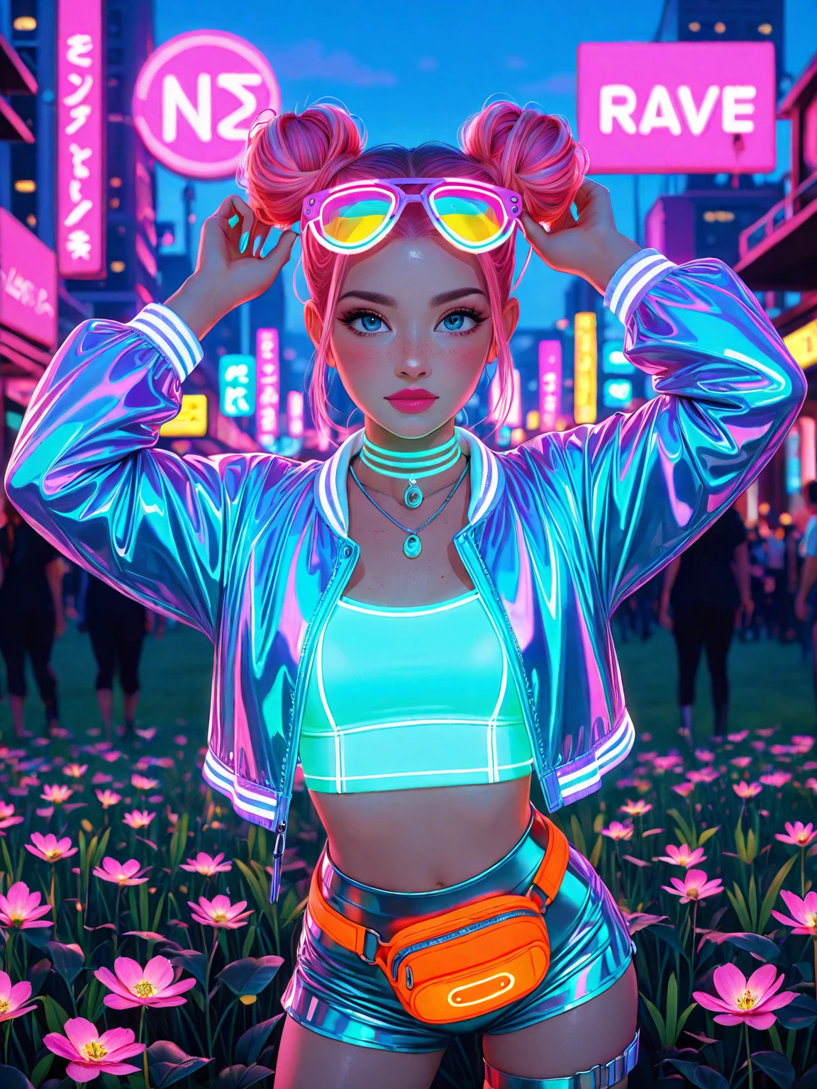 (neonkarc_illust), <emb:Stable_Yogis_Ill_Positives>, masterpiece, detailed_eyes, high_quality, best_quality, highres, depth_of_field, best quality, amazing quality, very aesthetic, ultra-detailed, absurdres, newest, (face focus), anime style, (perfect face), cowboy shot, high contrast,
Break,
1girl, long pink neon hair, hair pulled back, twin buns, small breasts, thin, (big blue eyes), pretty face, perfect eyes, small wide nose, long eyelashes, perfect lips, long nails, nail polish, lipstick, blush, freckles, neon ascot,(neon crop top), neon hotpants, neon orange fanny pack, rave eyewear, glow jewelry, neon keychains, thigh strap,
arms up in the air, action shot, shiny, spinning,
BREAK,
outdoors, in a field, grass, stage, neon signs, rave, ravers in background, evening hours, neon glow, (dark), ((glowing)),