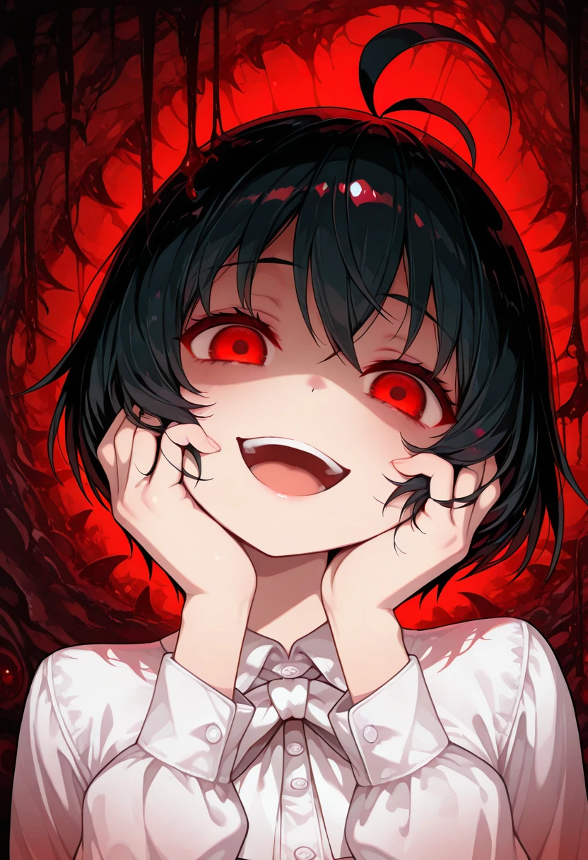 1girl, solo, jiyoung, black hair, short hair, antenna hair, red eyes, empty eyes, glowing eyes, medium brest, white blouse, white neck ribbon, horror theme, smile, open  mouth, shaded face, yandere trance, Hands on own cheeks, head tilt,, highres,  masterpiece, best quality, amazing quality, very awa, very aesthetic, , <lora:Illust\edit\new\sung_jiyoung_v1.safetensors:1.0000000000000002:1.0000000000000002>