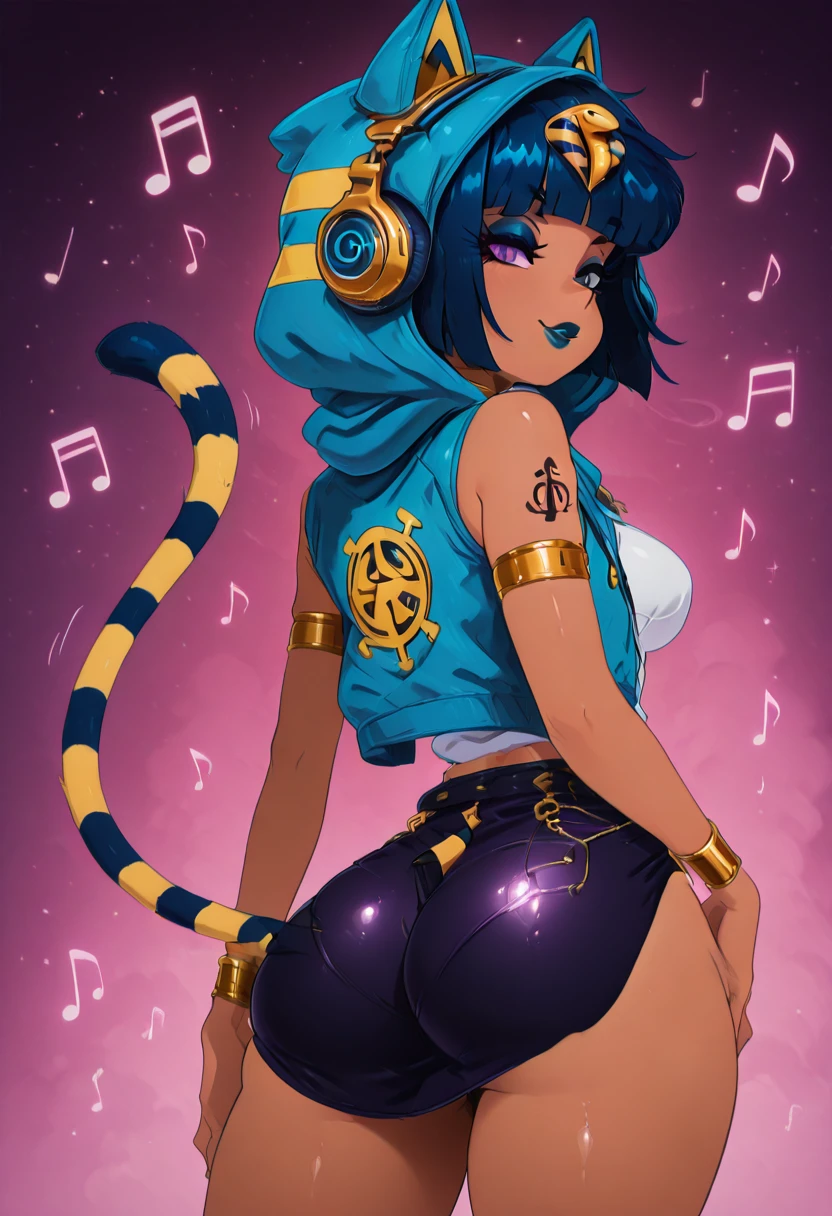 masterpiece, best quality, solo, curvy, beautiful eyes, narrow waist, wide hips, 1girl, solo, smile, looking at viewer, foreshortening, close up, zzAnkhaDJ, purple eyes, blue hair, short hair, blunt bangs, bob cut, cat ears, dark skin, musical note, blue hoodie, headphones, hood up, sleeveless jacket, egyptian clothes, ankh, white shirt, blue skirt, <lora:AnkhaDJ_IXL:1.0>, , solo, looking at viewer, simple background, ass, cowboy shot, looking back, from behind, hair over one eye, lips, skindentation, makeup, piercing, cross, lipstick, ear piercing, eyeshadow, shiny clothes, gothic, <lora:ElfFio_IXL_v2:0.8>,