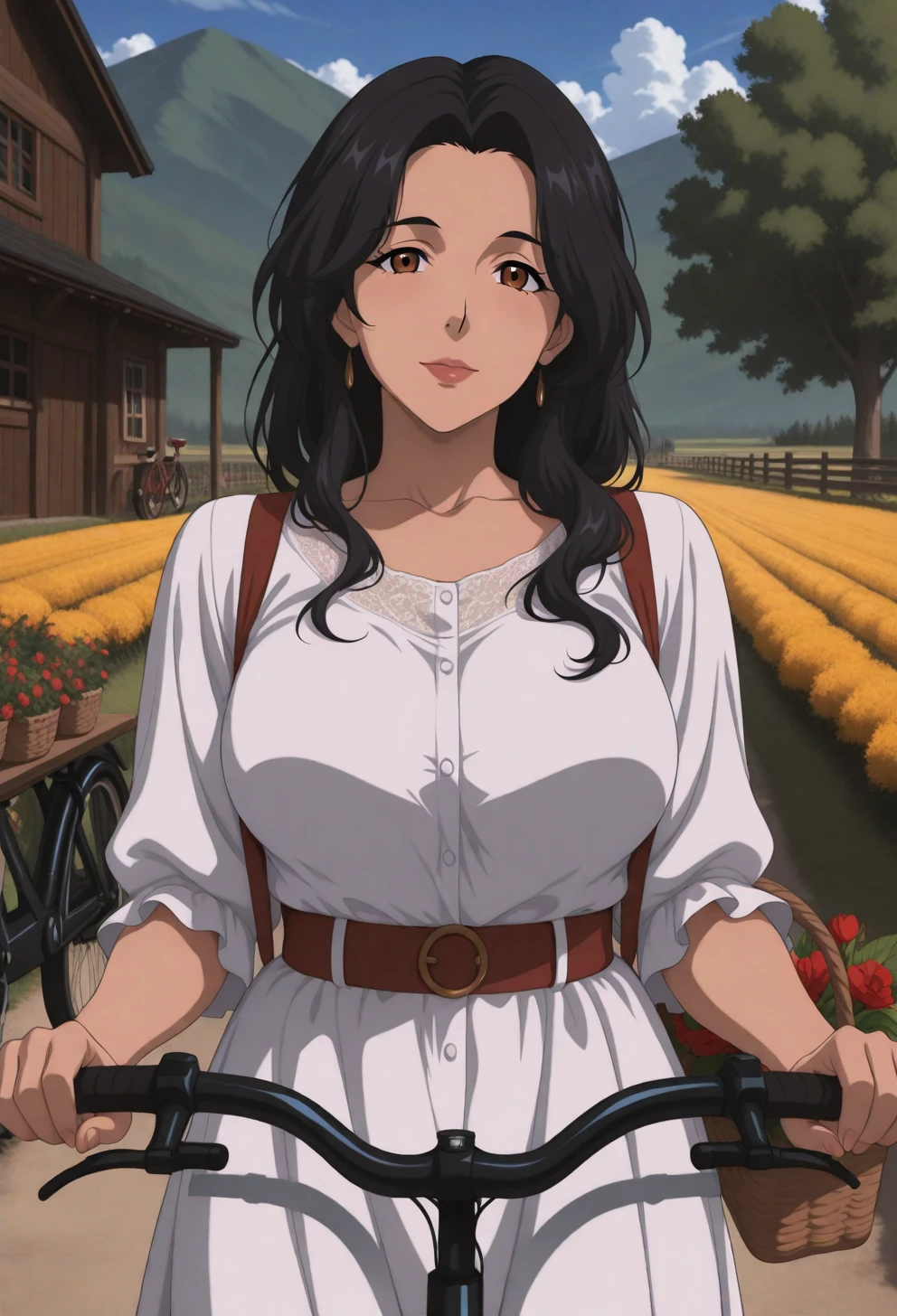 <lora:Sysdeep_char20 - [Custom Character] - IllustriousXL v1:1> sysdeep_char20, 1girl, long hair, large breasts, black hair, brown eyes, mature female, solo, wavy hair, riding a bicycle, countryside, sunny, casual outfit, basket with flowers, anime coloring