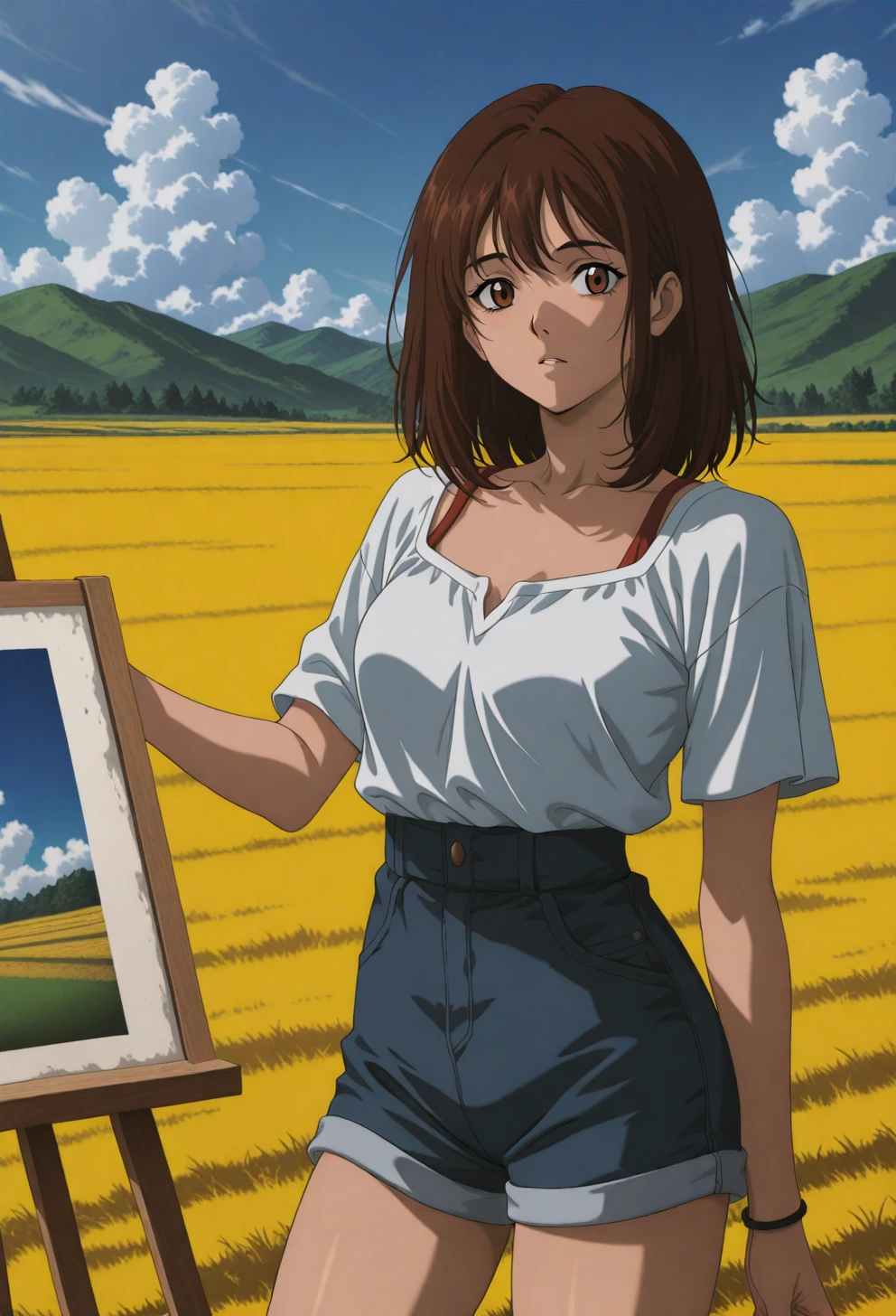 <lora:Sysdeep_char15 - [Custom Character] - IllustriousXL v1:1> sysdeep_char15, 1girl, solo, brown hair, brown eyes, medium hair, , painting, outdoors, field, easel, artistic vibe, summer day, anime coloring