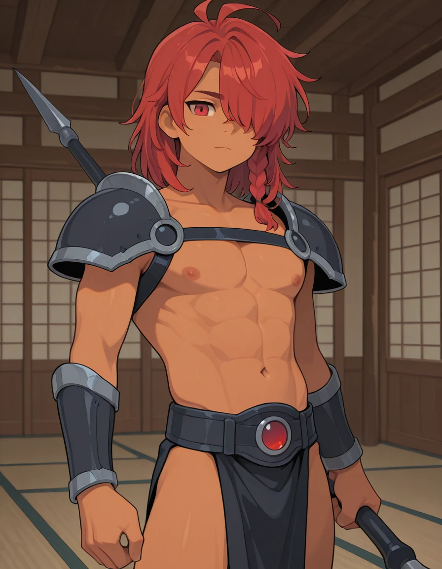 masterpiece, best quality, amazing quality, very aesthetic, absurdres, newest,, detailed background, movie scene, cinematic scene, cinematic,,
Enialio_greek_mythology, 1boy, male focus,,
red eyes, hair over one eye, one eye covered,,
medium hair, red hair, braid, single braid, side braid,,
pectorals, nipples, abs, toned male, navel,,
armor, shoulder armor, vambraces,,
pelvic curtain, topless male,,