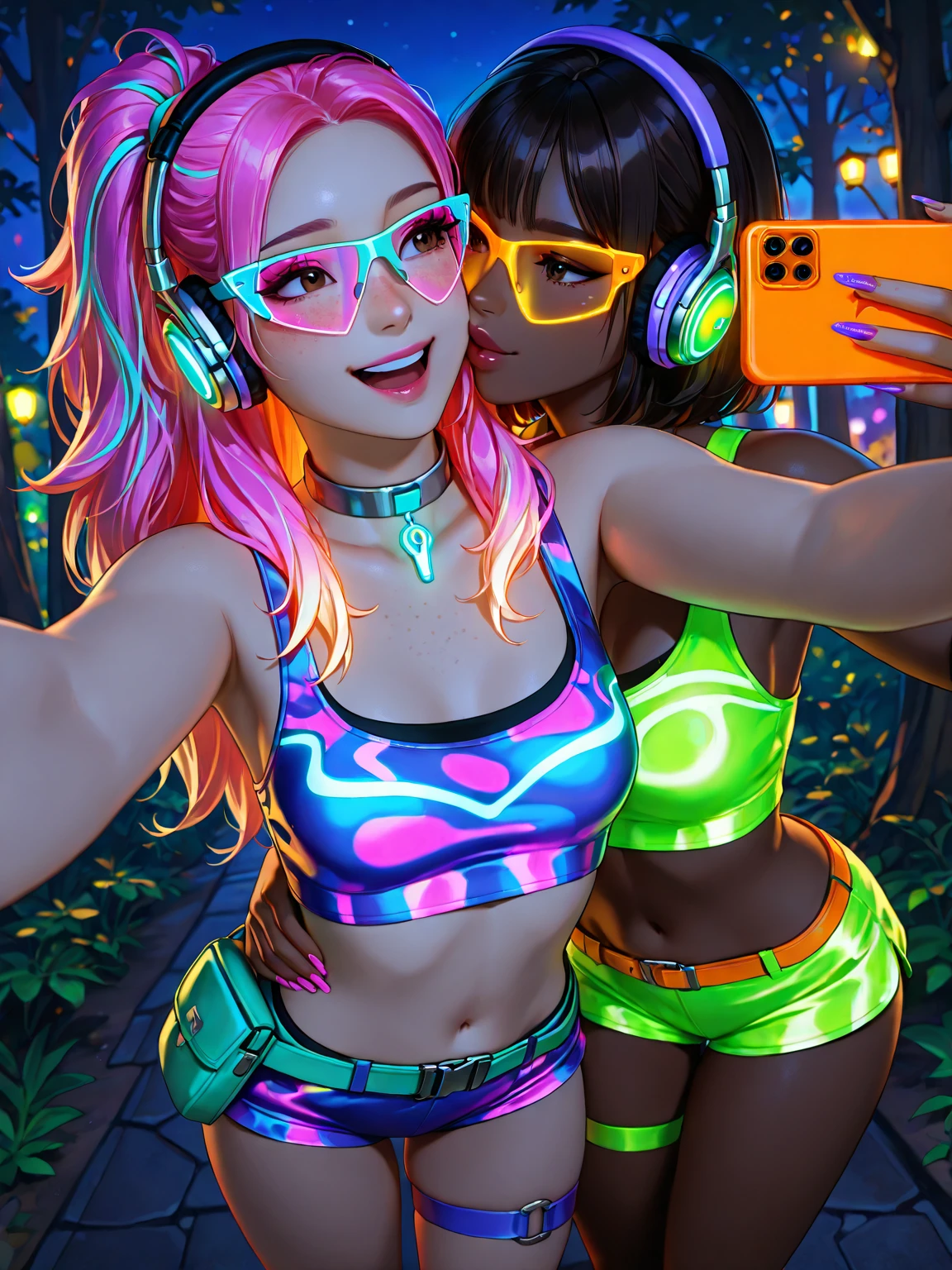 (neonkarc_illust), <emb:Stable_Yogis_Ill_Positives>, masterpiece, detailed_eyes, high_quality, best_quality, highres, depth_of_field, best quality, amazing quality, very aesthetic, ultra-detailed, absurdres, newest, (face focus), anime style, (perfect face), high contrast, duo, 2girls,
Break,
1girl, dark skin female, very dark skin, neon hair, big neon afro, dense hair, small breasts, thin, (big brown eyes), pretty face, perfect eyes, small wide nose, long eyelashes, perfect lips, long nails, nail polish, lipstick, blush, freckles, (neon purple camouflage crop top), neon mini shorts, neon blue fanny pack, glow jewelry, neon keychains, thigh strap, 90's glow aesthetic, multicolor neon kandi, headphones,
Break,
1girl, light skin female, very pale skin, long 2tone neon hair, curly long hair, small breasts, thin, (big blue eyes), pretty face, perfect eyes, small wide nose, long eyelashes, perfect lips, long nails, nail polish, lipstick, blush, freckles, (neon orange striped crop top), neon pink mini shorts, neon orange fanny pack, glow jewelry, neon keychains, thigh strap, 80's neon aesthetic, multicolor neon kandi, rave eyewear,
BREAK,
the 2girls, laughing, dynamic pose, wife and wife, flirting, height difference, hugging from behind, cheek kiss, selfie,
outdoors, enchanted forest, glowing firefly light, night hours, neon glow, (dark), ((glowing)),