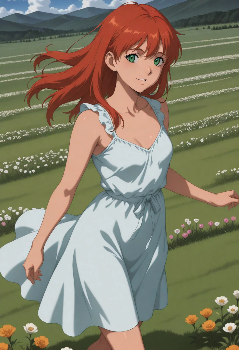 <lora:Sysdeep_char22 - [Custom Character] - IllustriousXL v1:1> sysdeep_char22, 1girl, long hair, green eyes, red hair, solo, orange hair, small breasts, walking through meadow, flowers, flowing dress, gentle breeze, anime coloring
