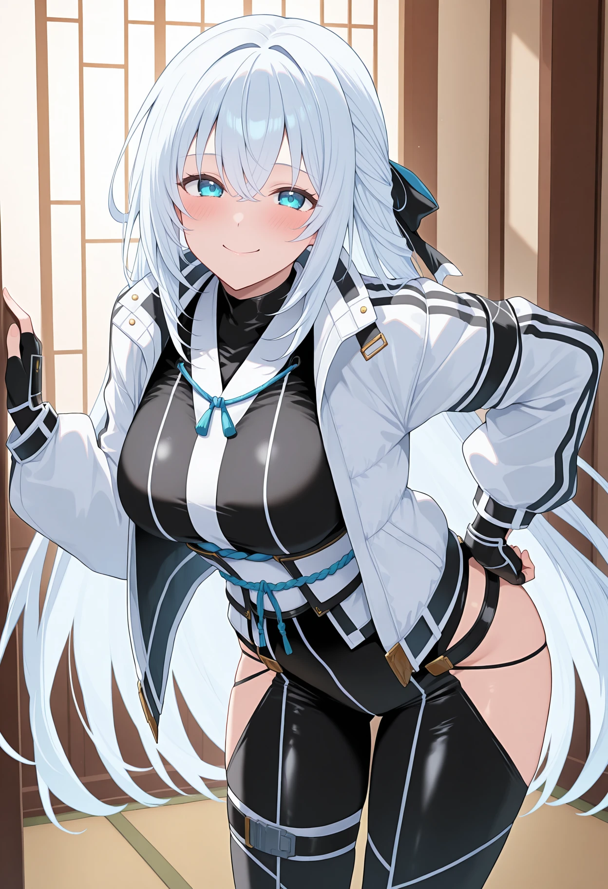 highres, best quality, masterpiece, indoors,
1girl, solo, knkshizu, white hair, very long hair, hair ribbon, blue eyes,
shizuksk1, black bodysuit, white jacket, striped jacket, open jacket, white sash, black gloves, fingerless gloves, hip vent,
looking at viewer, blush, smile,
standing, leaning forward, hand on own hip,
<lora:_shizuna_ksk-elesico-ilxlB:1>