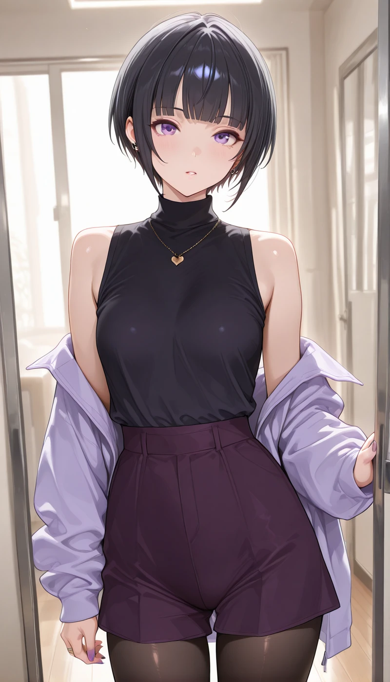 <lora:LCMTurboMix_Euler_A_fix:1> <lora:example_SDXL:0.3>, EZRealPONYXL, <lora:Dramatic Lighting Slider:3>
DSLR,realistic,cosplay photo, (very awa,masterpiece,best quality,year 2024,newest,absurdres,highres:1), realistic,skin texture,facial features, photography shot with Canon EOS 5D Mark IV , realistic, RAW, best quality, masterpiece, amazing quality, skin details,
1girl, highly detailed beautiful face, natural breasts,
detailed background, shiny skin, dutch angle,
beautiful detailed eyes, intricate details, absurdres, anime screencap,
<lora:ShirayukiChiyo_IdolMaster_ILXL_kill0825:1>
IMShiraChiyo, short hair, breasts, black hair, purple eyes, sidelocks, blunt bangs, bob cut, small breasts, medium breasts,
shirt, skirt, long sleeves, jewelry, bare shoulders, jacket, pantyhose, earrings, open clothes, sleeveless, off shoulder, necklace, nail polish, open jacket, black jacket, black shirt, black pantyhose, sleeveless shirt, turtleneck, ring, brown pantyhose, dark purple skirt, dark purple shirt, purple nails, wedding ring, purple jacket, sleeveless turtleneck, heart necklace, jacket partially removed, shorts, piercing, ear piercing