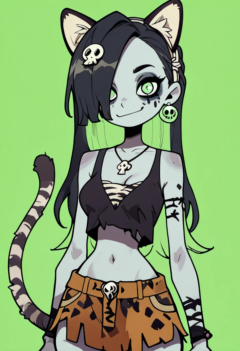 masterpiece, best quality, solo, curvy, beautiful eyes, narrow waist, wide hips, 1girl, solo, smile, looking at viewer, foreshortening, close up,   skindentation, tight clothes,   zzCadavera, green eyes, grey skin, hair over one eye, black hair, colored inner hair, green hair, hair ornament, long hair, multicolored hair, skull hair ornament, two-tone hair, zombie,  <lora:CadaveraDedeye_v2:1.0>,  , smile, looking at viewer, cowboy shot,  large breasts, wild, zzSavage, animal ears, bone necklace, tribal, animal print, midriff, tail, <lora:SavageNAI:1.0>,