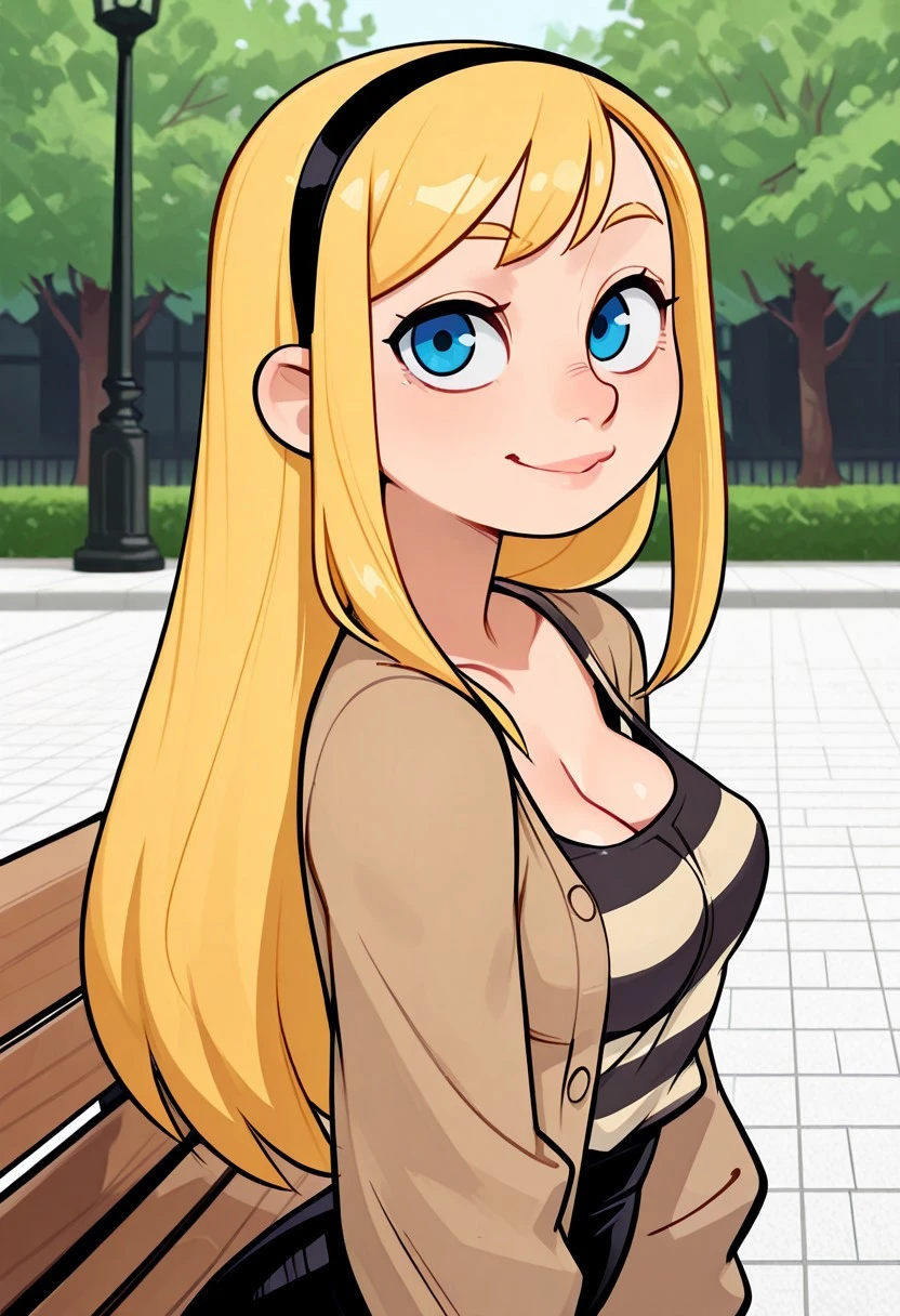 amazing quality, 4k, high resolution, ultra-detailed, newest, small smile, dimples, pouty_lips, gentle_smile long hair, blonde hair, straight hair, swept bangs, blue eyes, black hairband, brown cardigan, open cardigan, striped shirt, black skirt, down blouse, seated on a park bench, slim body, slender, sly smile, from side, innocent, looking at viewer, (medium breasts), (perfect round breasts), upper body closeup, Serkuler