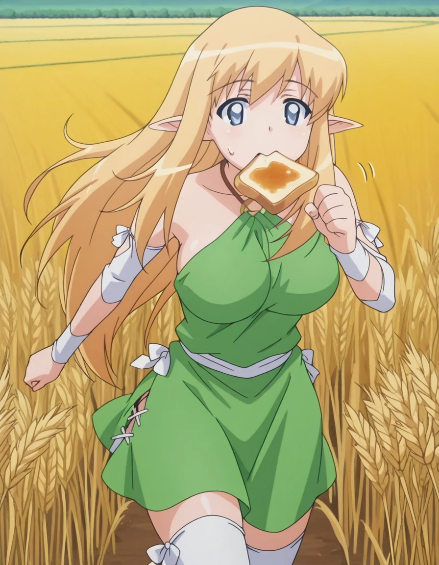masterpiece, best quality, amazing quality,, <lora:tiffania-westwood-s3-illustriousxl-lora-nochekaiser:1>, tiffania westwood, blonde hair, blue eyes, elf, long hair, pointy ears, mature female, breasts, anime screencap, dress, green dress, halter dress, halterneck, thighhighs, white thighhighs,, <lora:food-in-mouth-running-illustriousxl-lora-nochekaiser:1>, food in mouth running, food in mouth, running, bread, bread slice, food, toast in mouth, toast, sweatdrop, motion lines, motion blur, outdoors, cowboy shot, wheat field, golden, harvest, farming, open, cowboy shot, solo, looking at viewer,