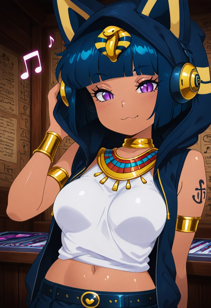 masterpiece, best quality, 1girl, solo, eyelashes, (beautiful eyes), zzAnkhaDJ, purple eyes, blue hair, short hair, blunt bangs, bob cut, cat ears, dark skin, musical note, blue hoodie, headphones, hood up, sleeveless jacket, egyptian clothes, ankh, white shirt, blue skirt, <lora:AnkhaDJ_IXL:1.0>,
