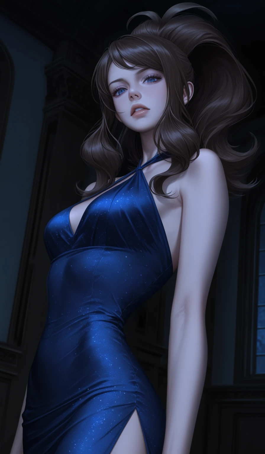 embedding:IllusP0s, realistic, side view, hilda_\(pokemon\), eyelashes, parted lips, looking at viewer, night, solo, thick lips, perfect nose, nostrils, halter dress, bare shoulders, low angle, close-up, narrow waist, indoors, dark room, half-closed eyes, mansion, looking down, standing, serious,<lora:Krisdecker_V2.safetensors:0.8:0.8>