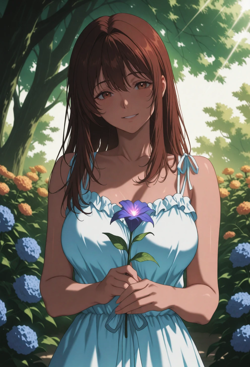 <lora:Sysdeep Char2 - [Custom Character] - IllustriousXL v1:1>,  sysdeep_char2, 1girl, long hair, , brown hair, brown eyes, holding flowers, garden, summer dress, glowing sunlight, gentle smile