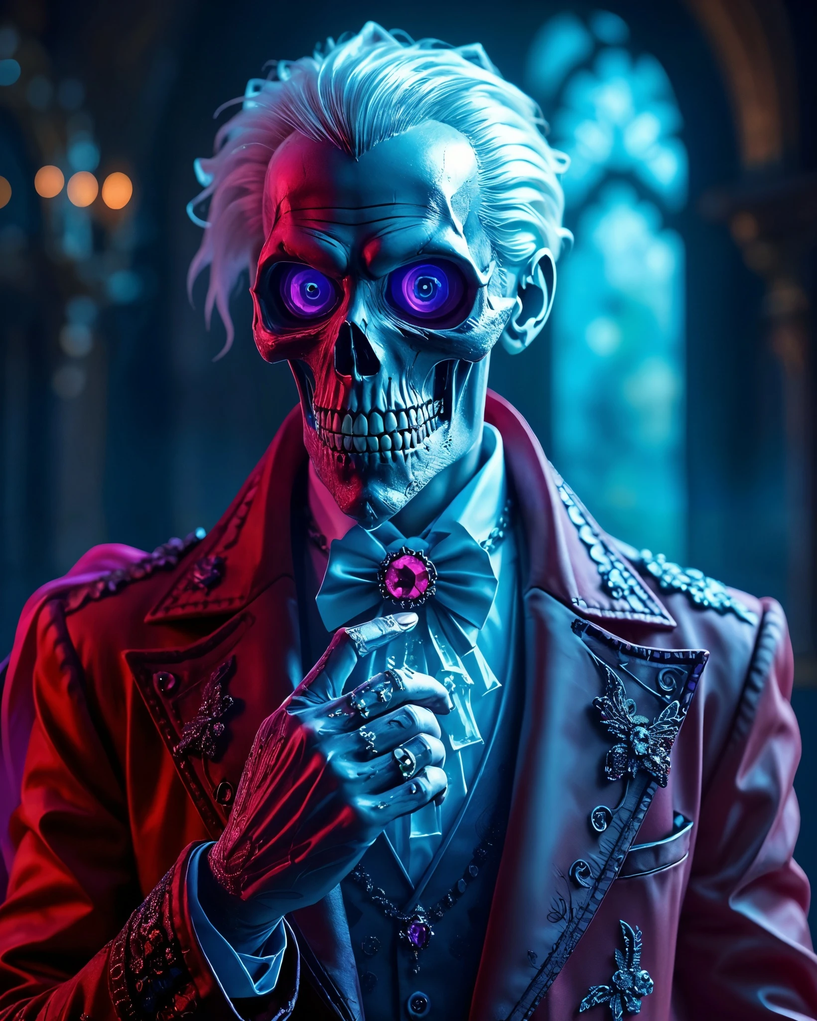 A stylized skeleton figure with striking blue and purple light, dressed in an ornate, vintage suit adorned with gems and intricate designs. The skeleton has vibrant, glowing eyes and a finely styled white hair, while adjusting a bow tie with a jeweled accessory. The background features softly blurred gothic architecture, enhancing the eerie yet elegant atmosphere.