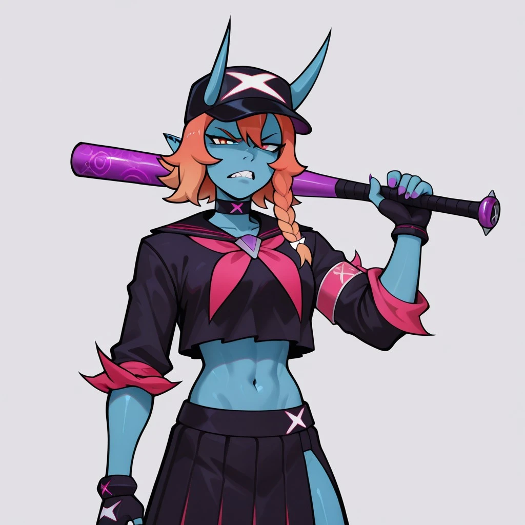 1girl, solo, white_background, cowboy shot, looking at viewer, mako, mako_outfit, mako_bat, scowl, holding baseball bat, blue skin