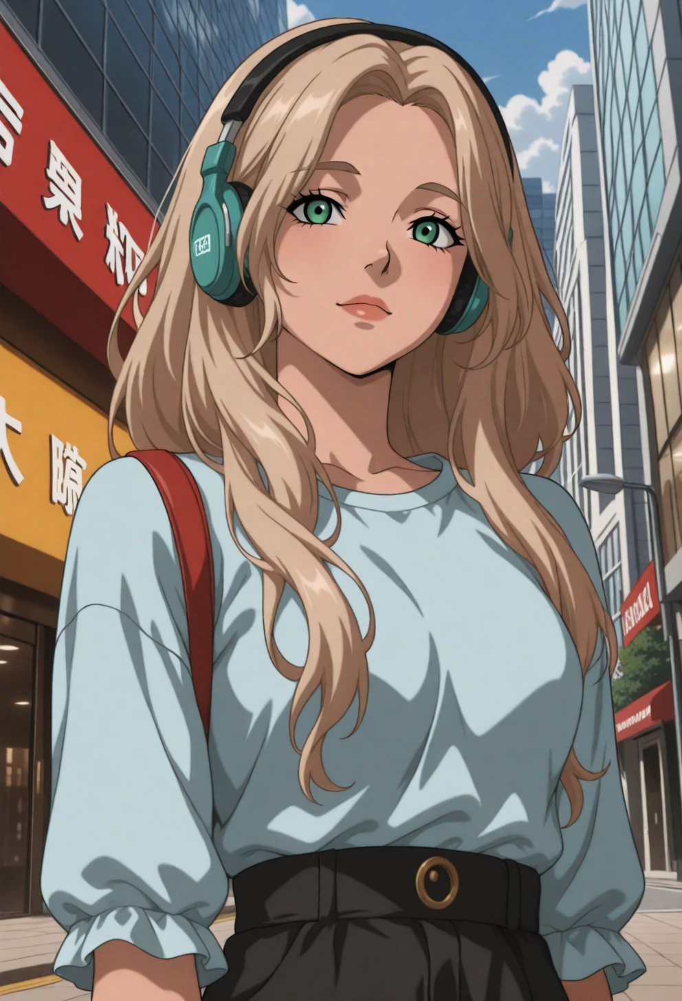 <lora:Sysdeep_char21 - [Custom Character] - IllustriousXL v1:1> sysdeep_char21, 1girl, solo, long hair, green eyes, blonde hair, light brown hair, wavy hair, medium breasts, walking through city, casual outfit, headphones, relaxed expression, anime coloring