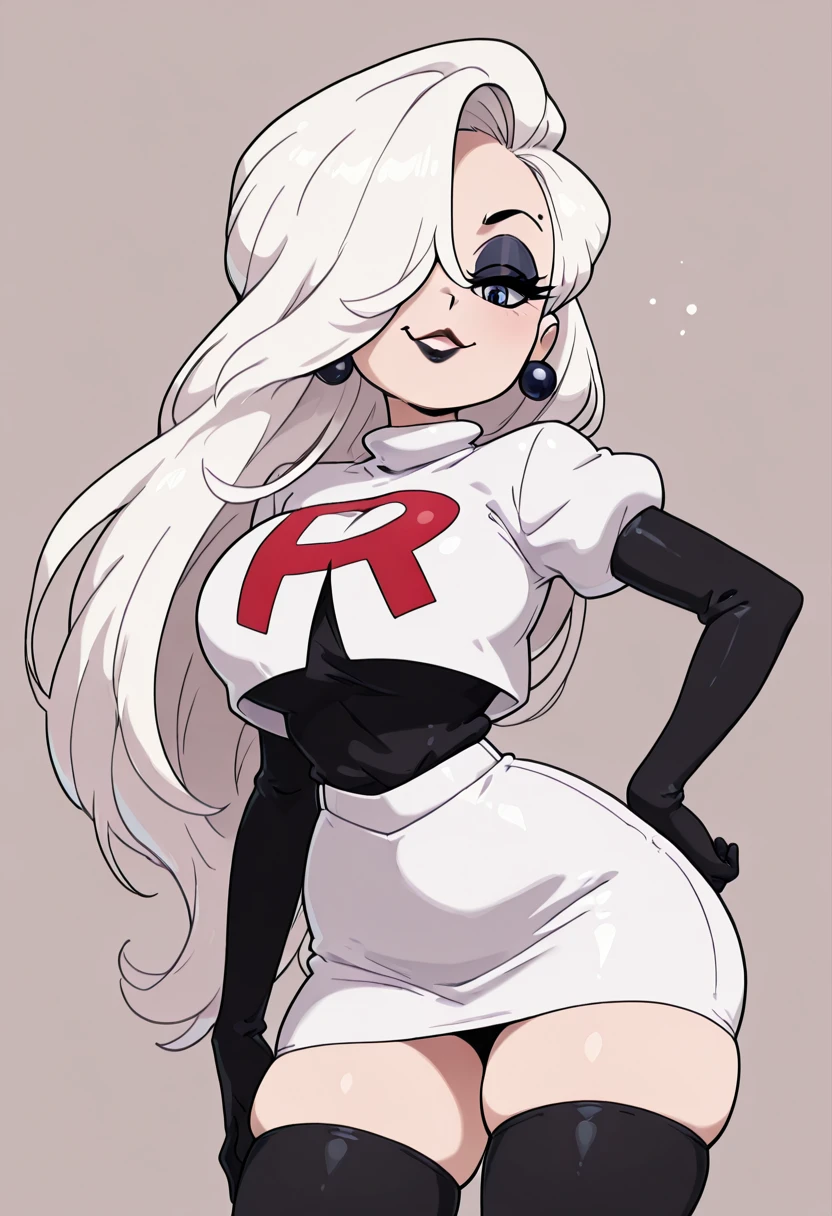 masterpiece, best quality, solo, curvy, beautiful eyes, narrow waist, wide hips, 1girl, solo, smile, looking at viewer, foreshortening, close up, zzBlanc, blue eyes, white hair, hair over one eye, long hair, eyeshadow, makeup, lipstick, gothic, skindentation, tight clothes, <lora:BlancCitronOC_IXL_v2:1.0>, , smile, looking at viewer, cowboy shot, large breasts, smug, Cosplay_TeamRocket, team rocket uniform, white jacket, cropped jacket, white skirt, elbow gloves, black thighhighs, zettai ryouiki, <lora:CosplayTeamRocketIXL:1.0>,