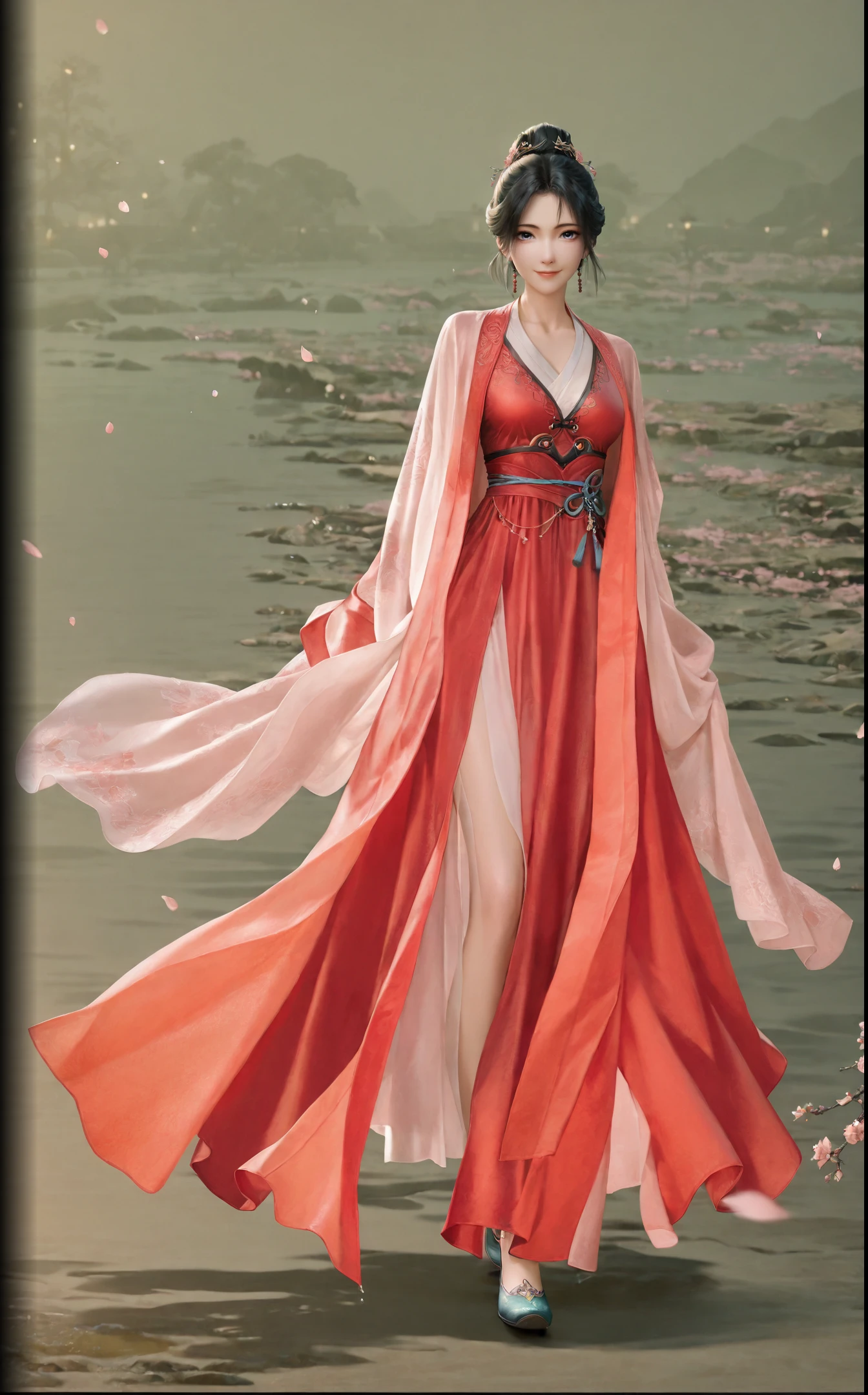 1girl,solo,full body,from front,looking at viewer,
<lora:mupeiling_ill_V10:0.5>,(blue eyes:1.2),
mupeiling,black hair,traditional Chinese hairstyle,hair tied up,updo,light smile,
red dress,
standing,
night,water,detailed background,pink blossoms falling,depth of field,
masterpiece,best quality,very aesthetic,absurdres,newest,realistic,