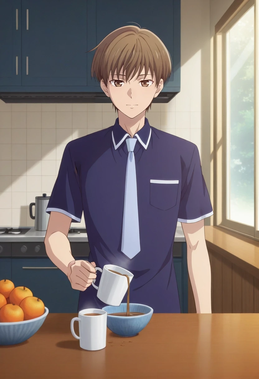 masterpiece, best quality, amazing quality, very aesthetic, high resolution, ultra-detailed, absurdres, newest, colorful, highest detailed, very awa, , anime screencap, , ,, standing at kitchen counter, relaxed posture, casual t-shirt and joggers, pouring coffee into mug, morning sunlight through window, open shelves with mugs, tiled backsplash, fruit bowl on counter, clean wooden surface, quiet home setting, indoor shadows, light streaming through blinds, 1boy, solo, male focus, <lora:naohito_sakuragi_ilxl:0.94>, naohito_sakuragi, brown hair, brown eyes, short hair, white collared shirt, short sleeves, dark blue collar trim, dark blue sleeve trim, light blue necktie, dark blue necktie tip
