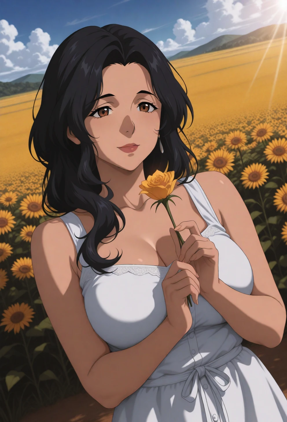 <lora:Sysdeep_char20 - [Custom Character] - IllustriousXL v1:1> sysdeep_char20, 1girl, long hair, large breasts, black hair, brown eyes, mature female, solo, wavy hair, holding flowers, field, sundress, gentle smile, glowing sunlight, anime coloring