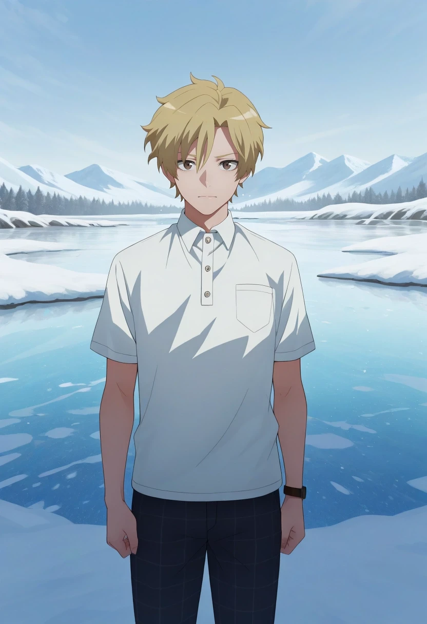 masterpiece, best quality, amazing quality, very aesthetic, high resolution, ultra-detailed, absurdres, newest, colorful, highest detailed, very awa, intricate details, semi-realistic,, standing, resolute expression, arctic wilderness, heavy winter gear, icy blue light, (wide shot:0.4), snow-capped peaks, frozen lake, strong winds, swirling snow, desolate, challenging, detailed textures \(snow\), sharp focus, stark beauty, clear air, 1boy, solo, male focus, <lora:hijiri_koganei_ilxl:0.9>, hijiri_koganei, blonde hair, brown eyes, short hair, white shirt, collared shirt