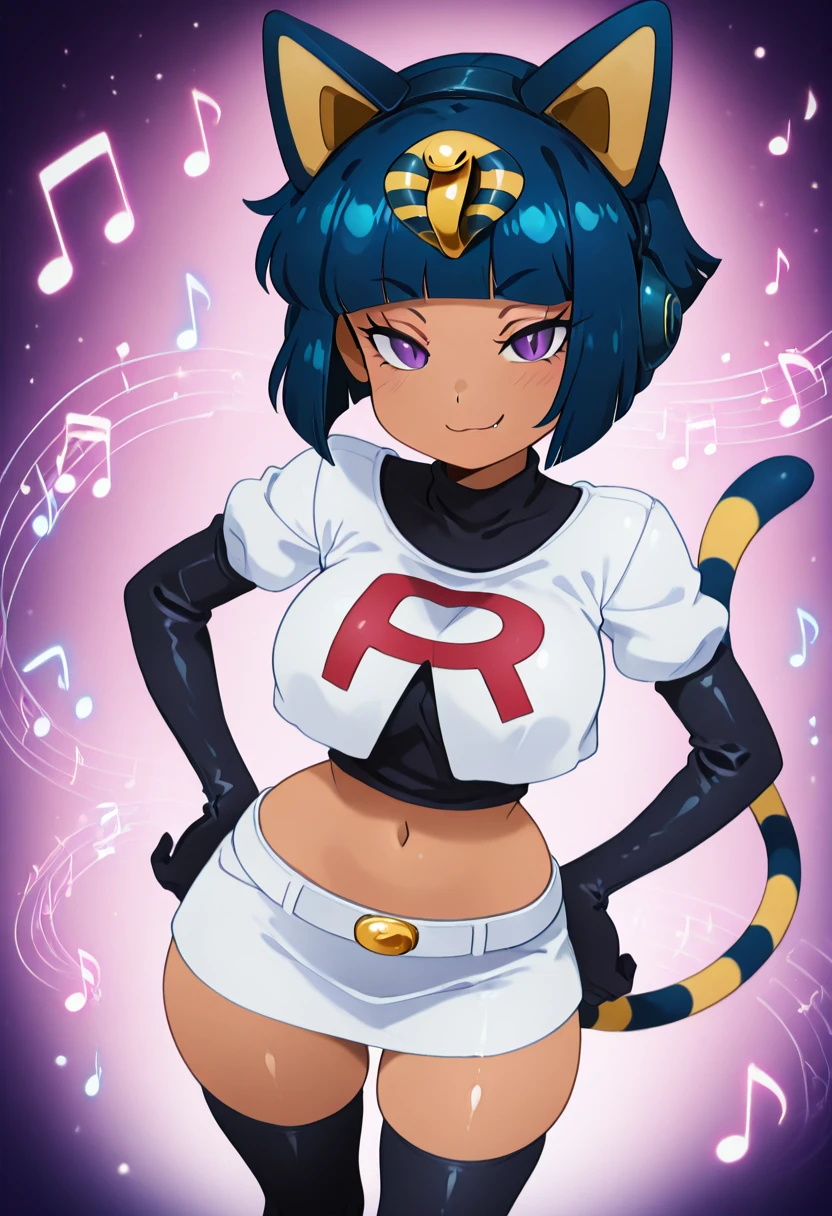 masterpiece, best quality, solo, curvy, beautiful eyes, narrow waist, wide hips, 1girl, solo, smile, looking at viewer, foreshortening, close up, zzAnkhaDJ, purple eyes, blue hair, short hair, blunt bangs, bob cut, cat ears, dark skin, musical note, <lora:AnkhaDJ_IXL:1.0>, , smile, looking at viewer, cowboy shot, large breasts, smug, Cosplay_TeamRocket, team rocket uniform, white jacket, cropped jacket, white skirt, elbow gloves, black thighhighs, zettai ryouiki, <lora:CosplayTeamRocketIXL:1.0>,
