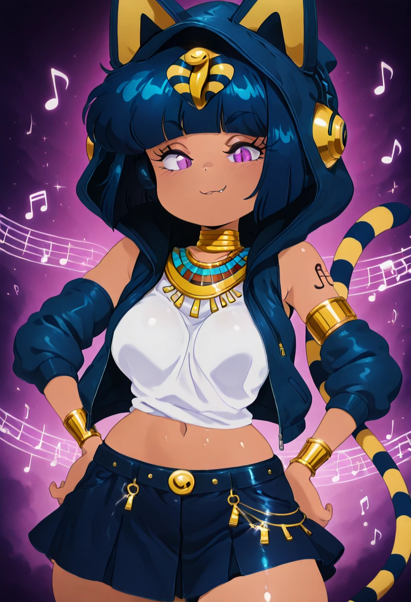 masterpiece, best quality, solo, curvy, beautiful eyes, narrow waist, wide hips, 1girl, solo, smile, looking at viewer, foreshortening, close up, zzAnkhaDJ, purple eyes, blue hair, short hair, blunt bangs, bob cut, cat ears, dark skin, musical note, blue hoodie, headphones, hood up, sleeveless jacket, egyptian clothes, ankh, white shirt, blue skirt, <lora:AnkhaDJ_IXL:1.0>, , smile, looking at viewer, cowboy shot, <lora:CuteRetroStyle_IXL_v1:1.2>,