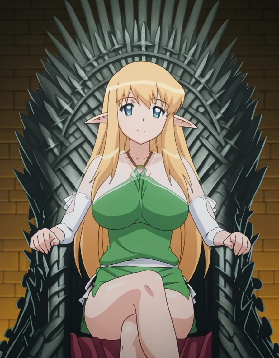 masterpiece, best quality, amazing quality,, <lora:tiffania-westwood-s3-illustriousxl-lora-nochekaiser:1>, tiffania westwood, blonde hair, blue eyes, elf, long hair, pointy ears, mature female, , anime screencap, <lora:iron-throne-illustriousxl-lora-nochekaiser:1>, iron throne, sitting, looking at viewer, sword, throne, sitting on throne, smile, elbow rest, crossed legs, ,