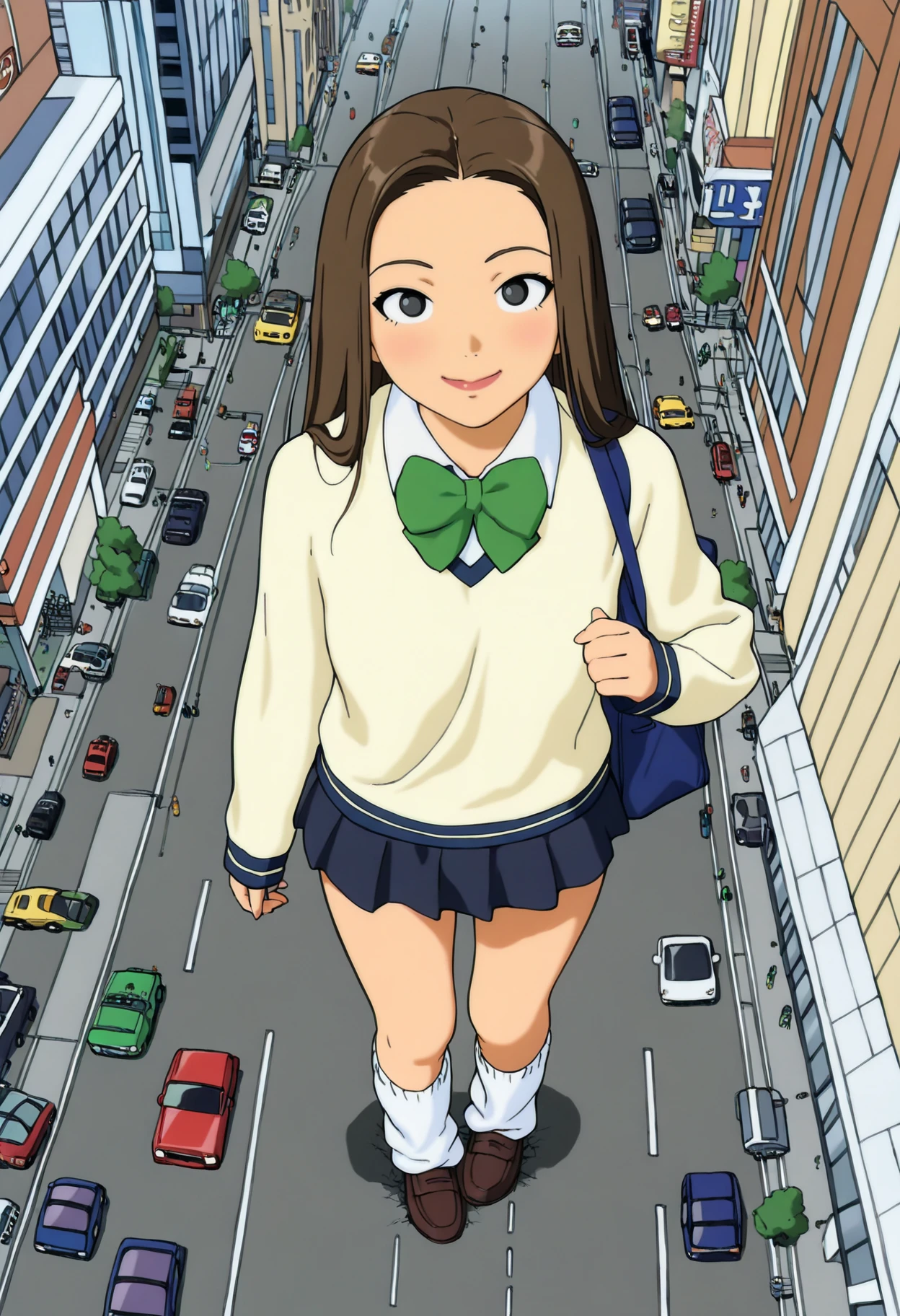 best quality, amazing quality, very aesthetic, absurdres,
1girl, giantschoolgirl, brown hair, long hair,
giantess,
school uniform, loose socks, pleated skirt, green bow, school bag,
solo, from above, smile,
looking at viewer, city, street, cars, <lora:GiantessColorfulNoobXL_byKonan:1>