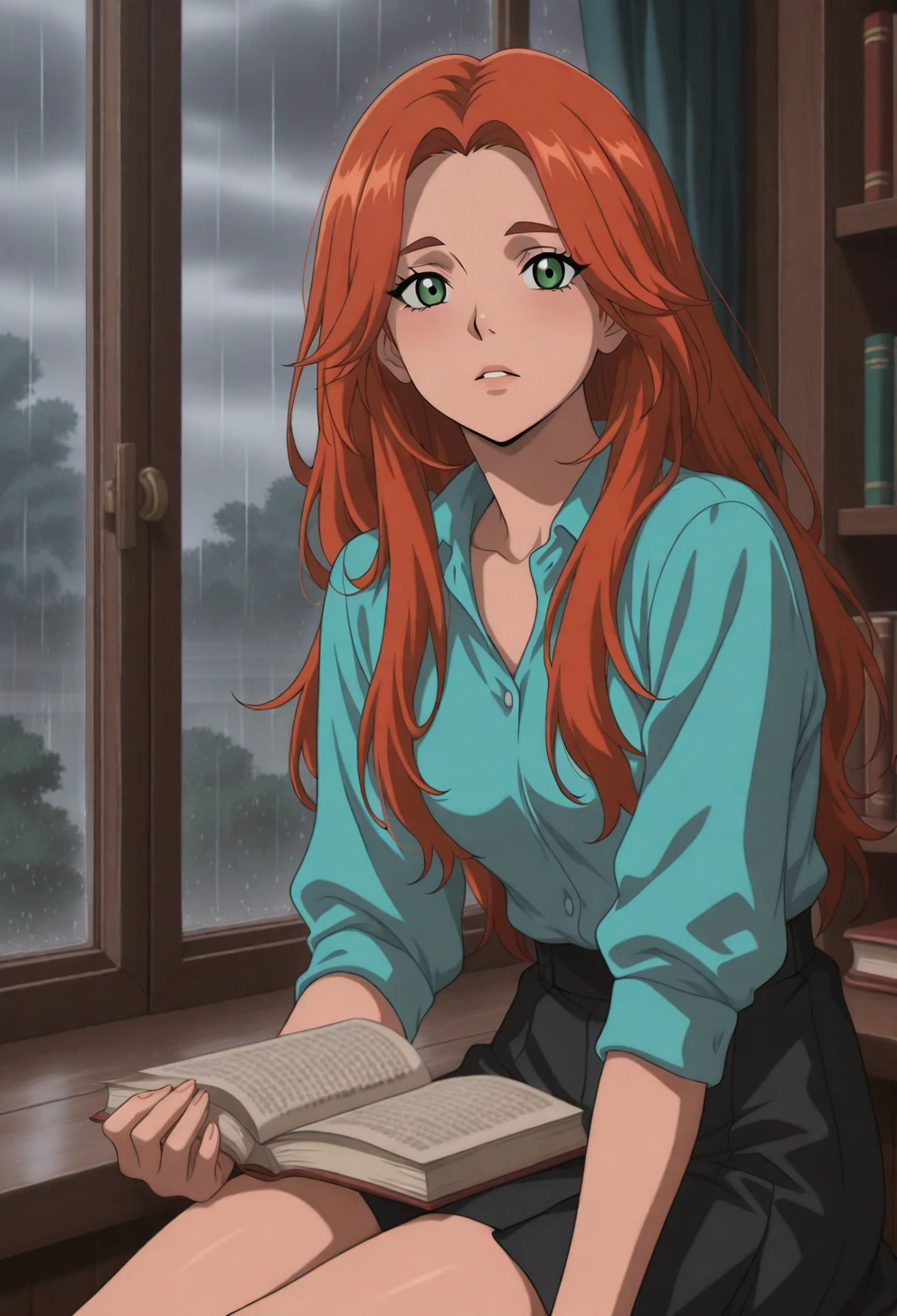 <lora:Sysdeep_char22 - [Custom Character] - IllustriousXL v1:1> sysdeep_char22, 1girl, long hair, green eyes, red hair, solo, orange hair, small breasts, sitting on windowsill, indoors, rain, book, wistful expression, anime coloring