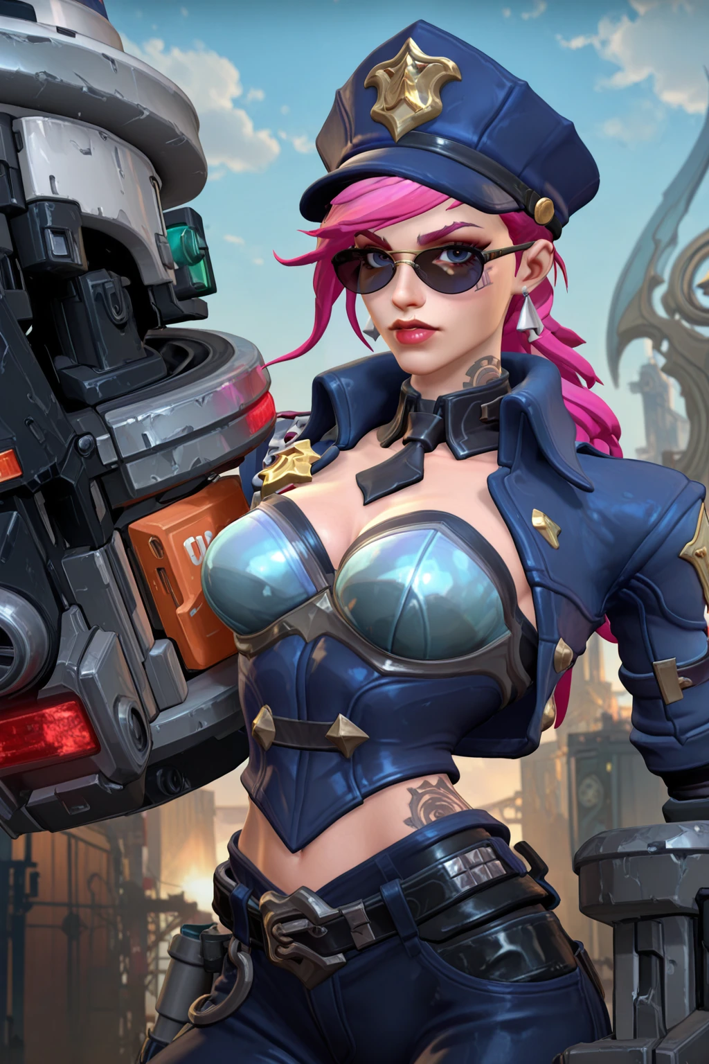 masterpiece, good quality, best quality, very awa, very as2, absurdres, highres,
<lora:Wild Rift StyleIlluLYCO:1.2>1girl, solo, breasts, looking at viewer, 3d, earrings,
<lora:VILOLlIlluLoRA:1>Violt, policewoman, Long hair, pink hair, police hat, sunglasses, black necktie, high collar, police uniform, cleavage cutout, Tattoo, gloves, midriff, belt, blue pants, cleavage, strapless bra, walkie-talkie, gauntlets, police badge, siren