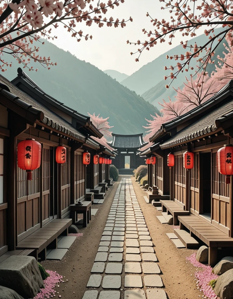 A traditional Japanese village during the samurai era, peacefully resting in a quiet valley surrounded by mist-covered mountains and dense bamboo groves. Thatched-roof wooden houses with sliding paper doors are arranged along narrow, winding dirt paths. Red lanterns hang from wooden beams, swaying gently in the breeze. A small Shinto shrine stands on a nearby hill, overlooking neatly arranged rice paddies and stone garden paths. A samurai's armor is displayed on a wooden rack outside one of the houses, suggesting the presence of a warrior. Cherry blossom petals scatter across the ground, and a light fog drifts between the buildings, adding to the stillness. The scene is bathed in soft, golden light, capturing a serene and timeless moment in feudal Japanâwith no people in sight.traditional Japanese v1ll4g3, <lora:traditional_Japanese_v1ll4g3v2-i:1>, Masterpiece,best quality,hi res,8k,hi res,8k,award winning,(sharp focus, intricate, highly detailed),