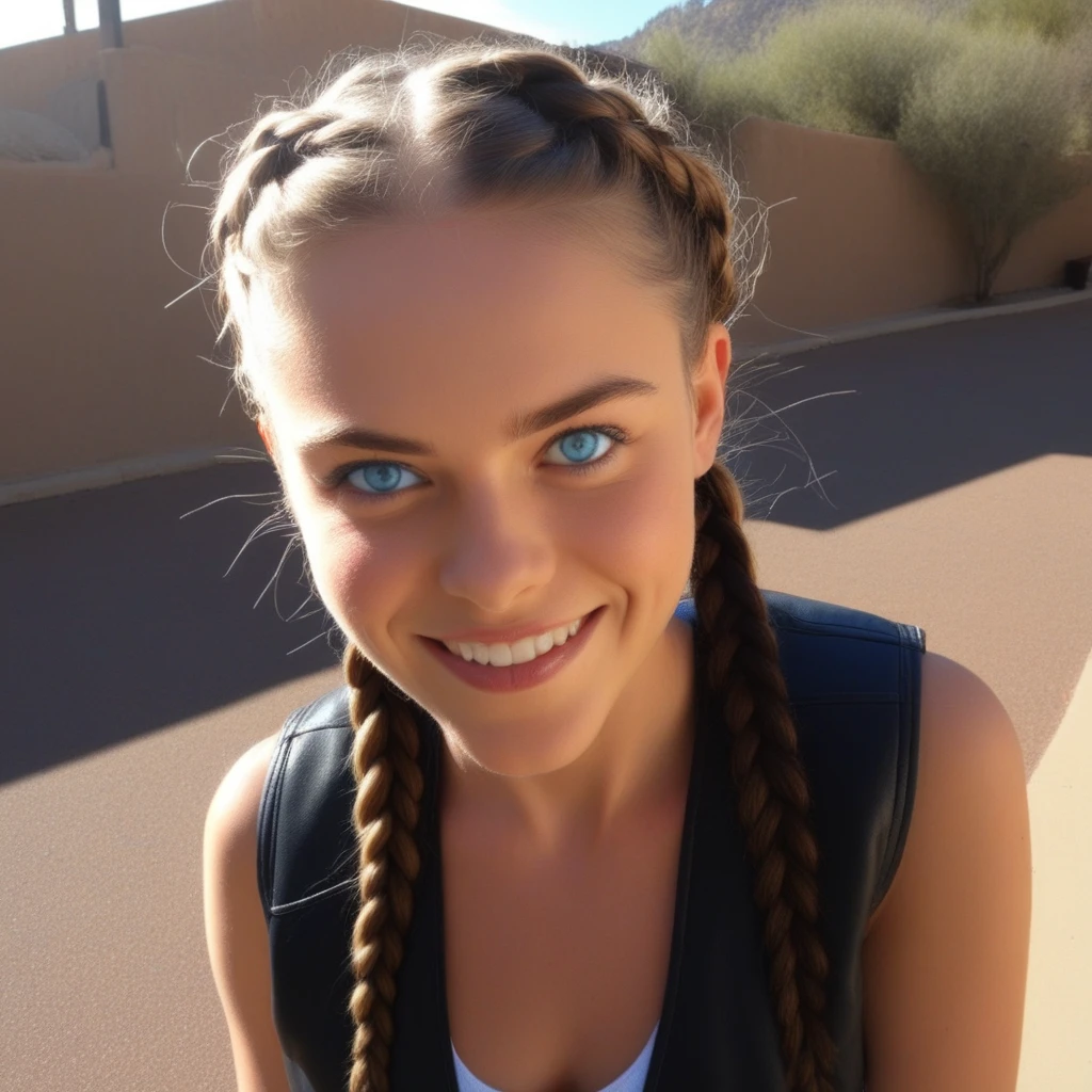 sv-constance, leather vest, grin, braids, sunlight in hair, blue eyes