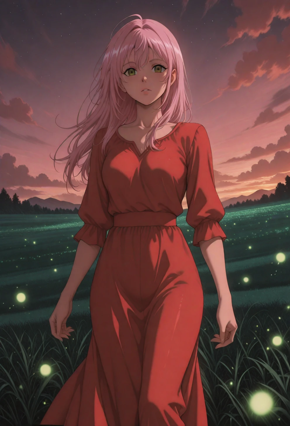 <lora:Sysdeep_char7 - [Custom Character] - IllustriousXL v1:1> sysdeep_char7, 1girl, solo, long hair, pink hair, brown eyes, , standing in field, glowing fireflies, evening, long dress, ethereal vibe, anime coloring