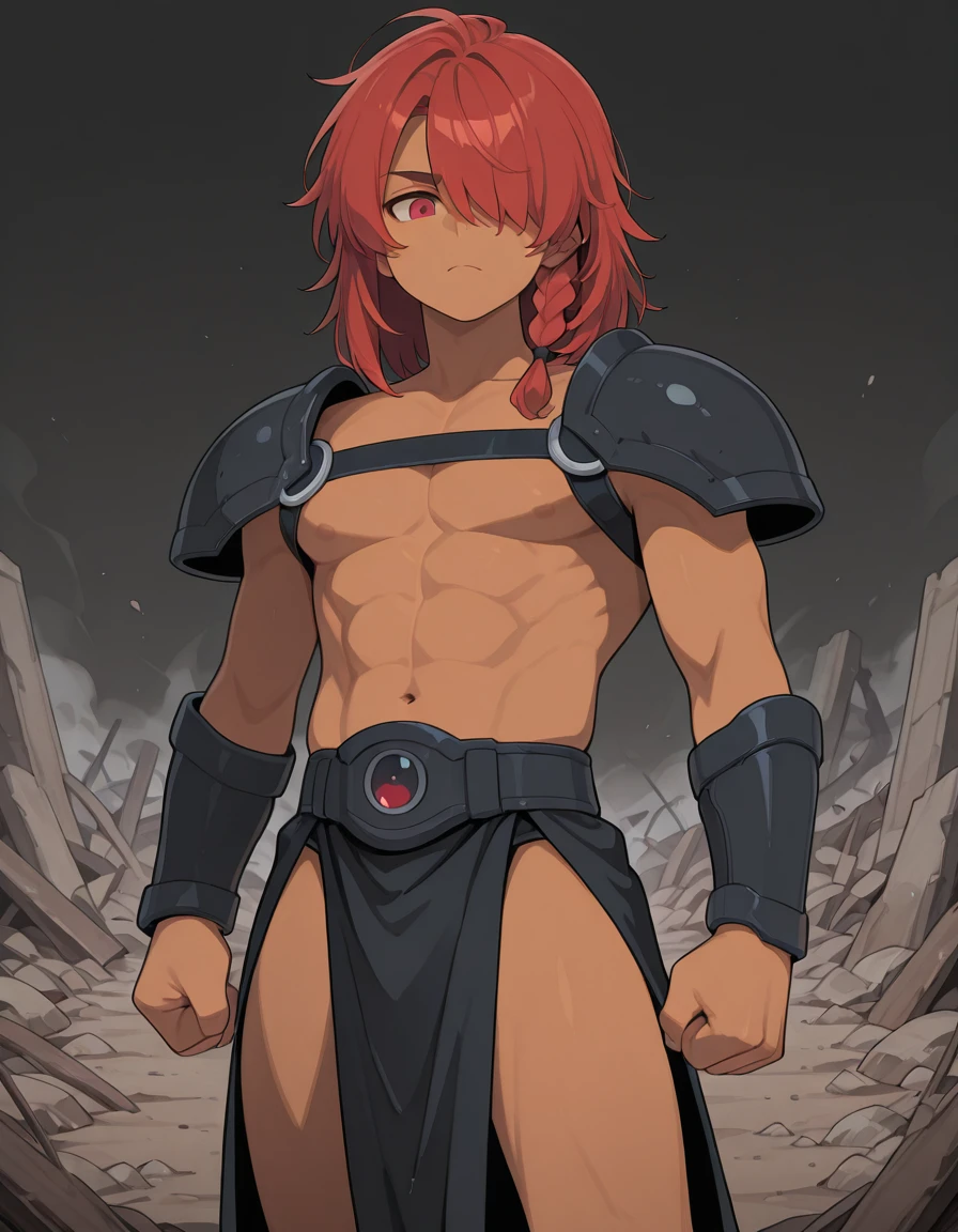 masterpiece, best quality, amazing quality, very aesthetic, absurdres, newest,, detailed background, movie scene, cinematic scene, cinematic,,
Enialio_greek_mythology, 1boy, male focus,,
red eyes, hair over one eye, one eye covered,,
medium hair, red hair, braid, single braid, side braid,,
pectorals, nipples, abs, toned male, navel,,
armor, shoulder armor, vambraces,,
pelvic curtain, topless male,,