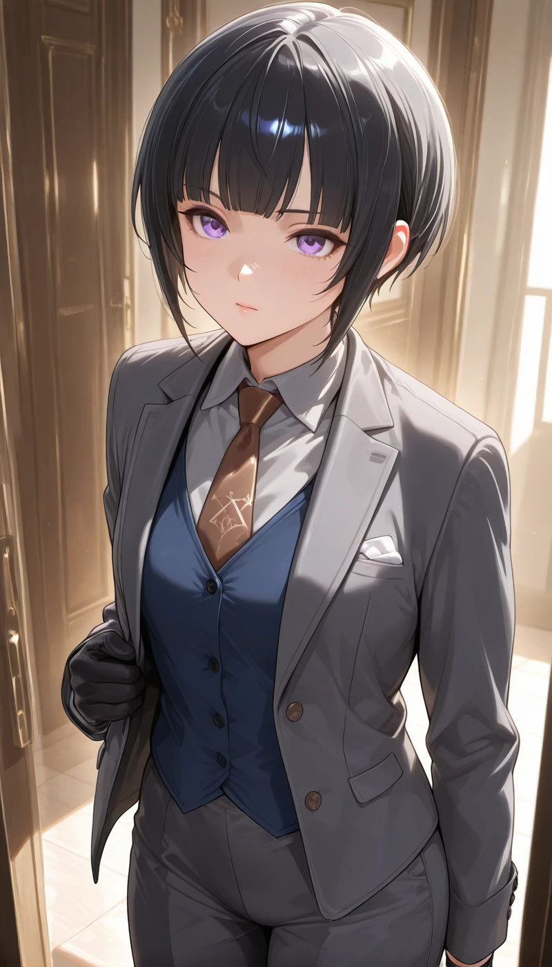 <lora:LCMTurboMix_Euler_A_fix:1> <lora:example_SDXL:0.3>, EZRealPONYXL, <lora:Dramatic Lighting Slider:3>
DSLR,realistic,cosplay photo, (very awa,masterpiece,best quality,year 2024,newest,absurdres,highres:1), realistic,skin texture,facial features, photography shot with Canon EOS 5D Mark IV , realistic, RAW, best quality, masterpiece, amazing quality, skin details,
1girl, highly detailed beautiful face, natural breasts,
detailed background, shiny skin, dutch angle,
beautiful detailed eyes, intricate details, absurdres, anime screencap,
<lora:ShirayukiChiyo_IdolMaster_ILXL_kill0825:1>
IMShiraChiyo, short hair, breasts, black hair, purple eyes, sidelocks, blunt bangs, bob cut, small breasts, medium breasts,
shirt, long sleeves, gloves, jacket, white shirt, open clothes, necktie, black gloves, collared shirt, vest, open jacket, black jacket, formal, suit, red necktie, wing collar, grey shirt, grey jacket, blue vest, tomboy, waistcoat, lapels, grey vest, reverse trap, pant suit, notched lapels, brown necktie