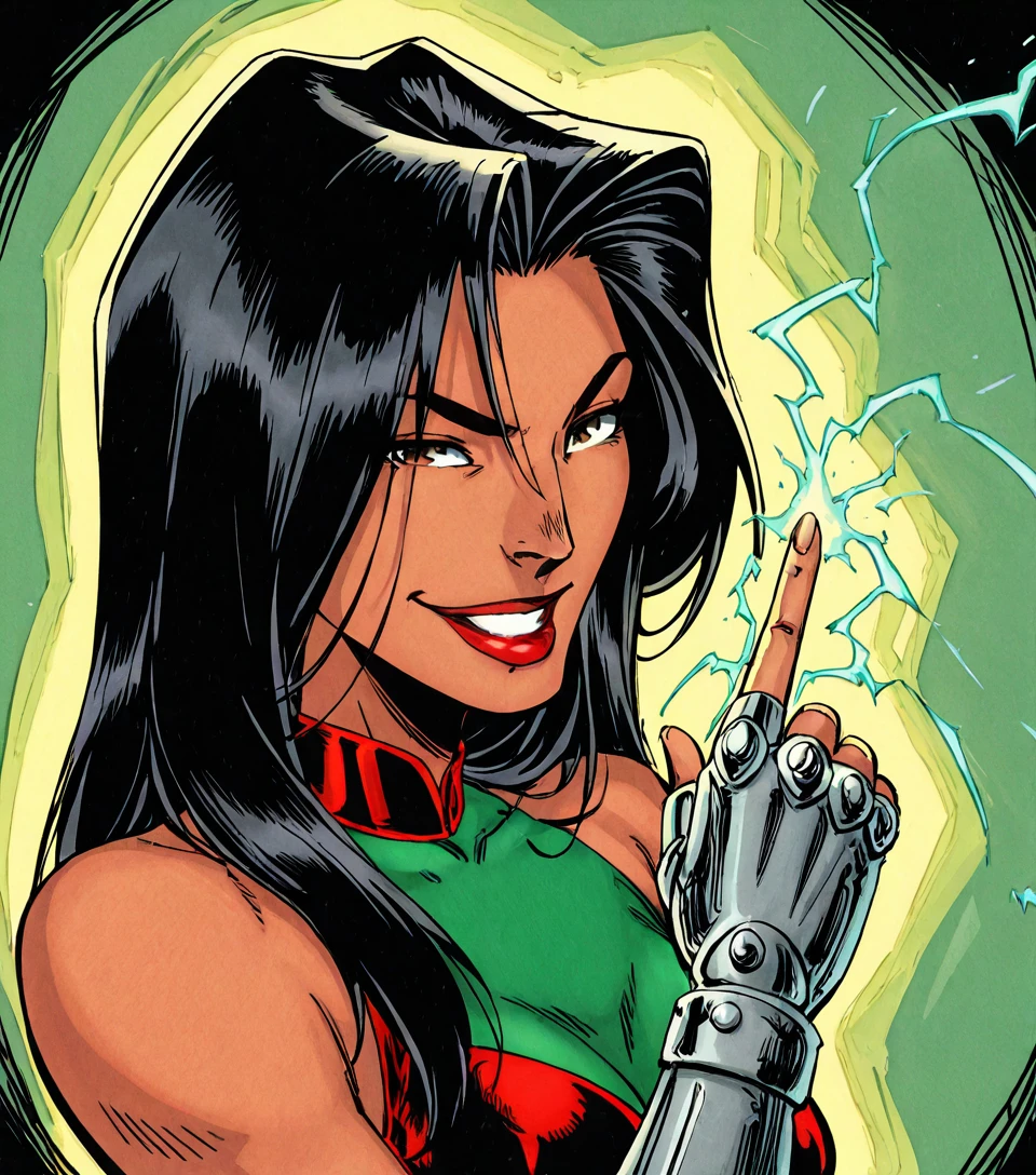 In the style of J Scott Campbell, retro, western, single panel, good drawing, cross hatching, sketch 1:1, high contrast, good coloring, 1 girl, solo, Sarah Rainmaker, Native American, long hair, black hair, brown eyes, full suit, latex suit, red and green suit, shoulders, portrait, looking at viewer, thin shaped eyes, squinting, smile, teeth, thick lips, red lips, high nose, dark brown skin, dark skin, thick eye brows, one hand up, snapping finger, fingerless silver gauntlet, electricity, sparks, glowing hand, medium shot, waist up