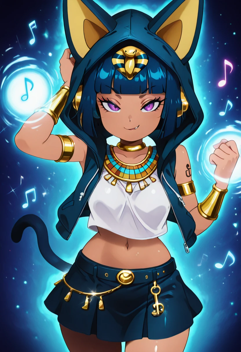 masterpiece, best quality, solo, curvy, beautiful eyes, narrow waist, wide hips, 1girl, solo, smile, looking at viewer, foreshortening, close up, zzAnkhaDJ, purple eyes, blue hair, short hair, blunt bangs, bob cut, cat ears, dark skin, musical note, blue hoodie, headphones, hood up, sleeveless jacket, egyptian clothes, ankh, white shirt, blue skirt, <lora:AnkhaDJ_IXL:1.0>, ,vivid aura, looking at viewer, blue background, smug, aura, super saiyan, charging energy, energy ball, energy, lightning, <lora:DBSBroly_Style_IXL_v2:0.6>,
