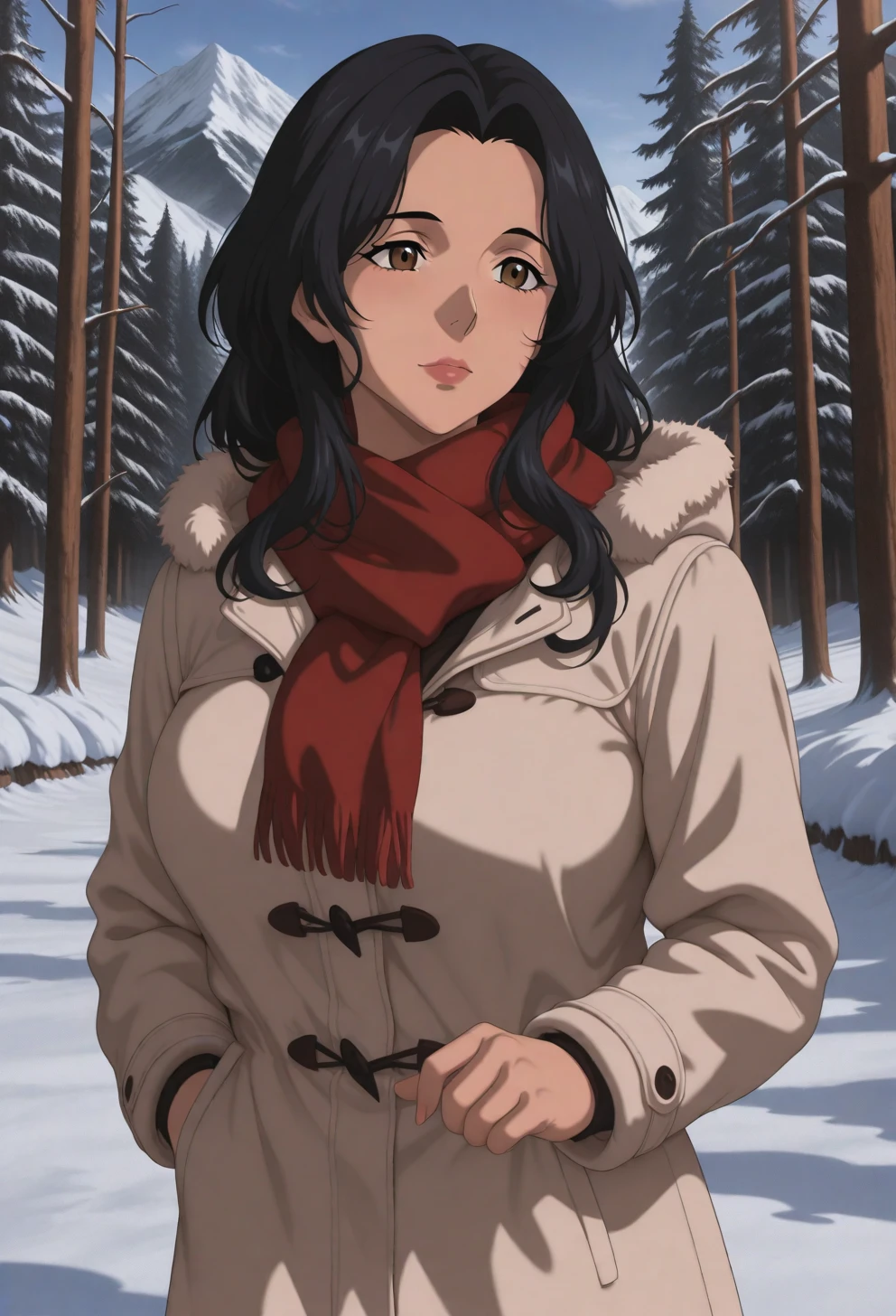 <lora:Sysdeep_char20 - [Custom Character] - IllustriousXL v1:1> sysdeep_char20, 1girl, long hair, , black hair, brown eyes, mature female, solo, wavy hair, walking through snow, winter coat, scarf, peaceful vibe, snowy forest, anime coloring