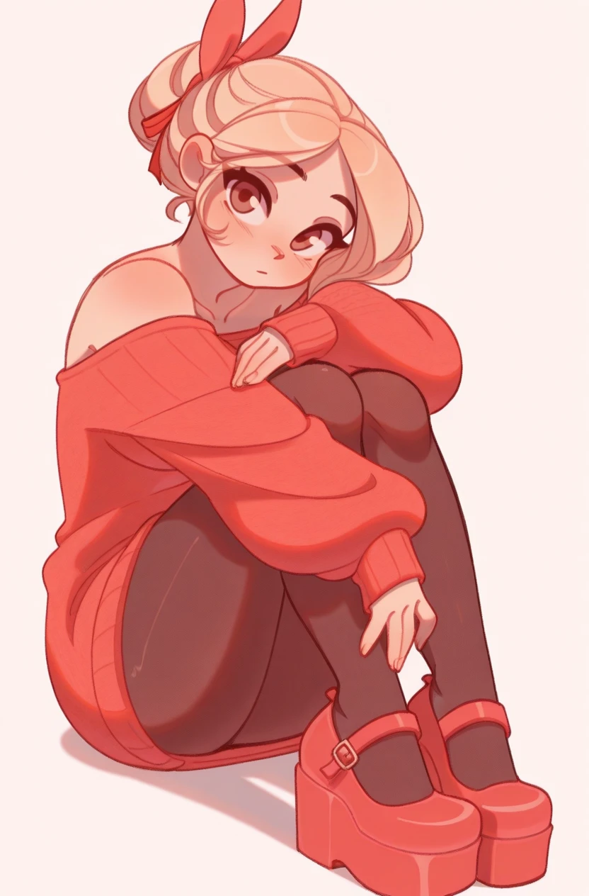 sitting on floor, knees up, head tilt, side view:0.9, full body, looking at viewer, 
1girl, solo, long hair, updo hair, blonde hair, fringe, brown eyes, (medium breasts:0.8),
<lora:yor-briar-cosplay-illustriousxl-lora-nochekaiser:0.8>, yor briar cosplay, yor briar (cosplay), bare shoulders, collarbone, dress, long sleeves, off shoulder, off-shoulder dress, off-shoulder sweater, red sweater, sweater, sweater dress, thighs, red ribbon, (hair ribbon), pantyhose, red shoes, (d0lly shoes), platform footwear, <lora:Demonia_Dolly-01_ILLUSTRIOUS:0.25>,
off-white background,
<lora:cuds_epoch_10:1>, cudlil,