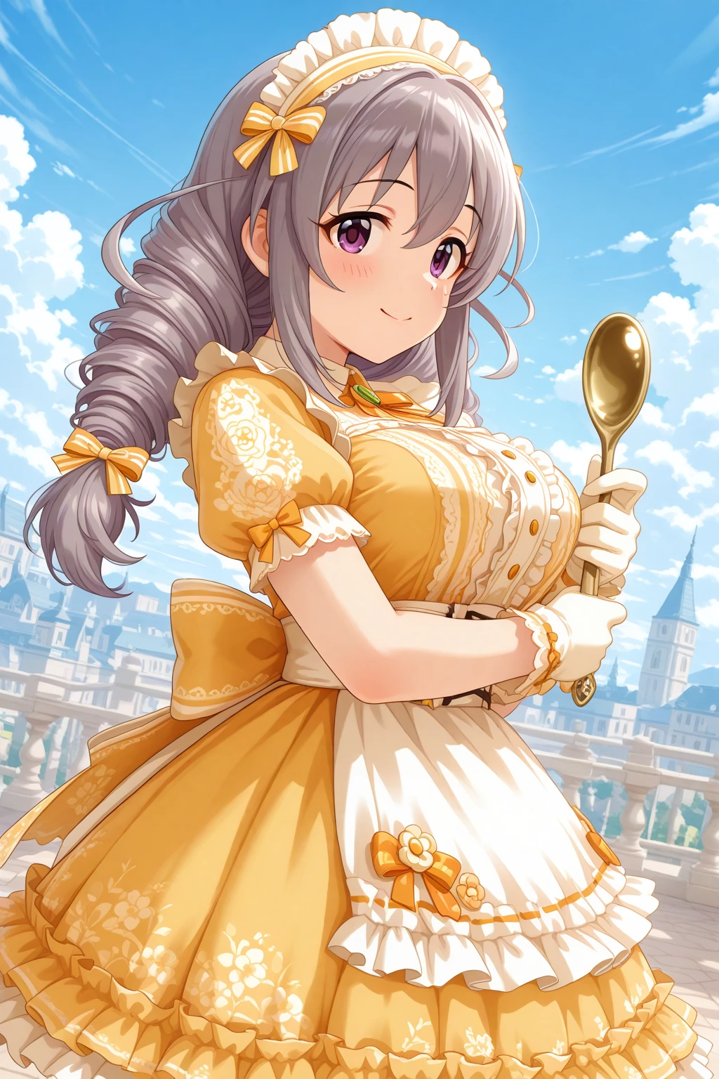 masterpiece, best quality, amazing quality, 1girl, solo, makeup, general, cowboy shot, looking at viewer, blush, dramatic angle, smile, from side, cloud, outdoors, ((holding giant spoon)), <lora:Sakakibara_Satomi_Cinderella:1>, Sakakibara_Satomi_Cinderella, long hair, grey hair, large breasts, twintails, purple eyes, twin braids, twin drills, bow, hair bow, ribbon, hair between eyes, gloves, dress, bow, ribbon, short sleeves, hair bow, frills, hairband, puffy sleeves, white gloves, apron, puffy short sleeves, maid, maid headdress, frilled dress, headdress, yellow dress, hair ribbon, neck ribbon, floral print, frilled sleeves, white apron, waist apron, yellow bow, frilled apron, yellow ribbon, orange bow, center frills, back bow, cross-laced clothes, layered dress, fur-trimmed gloves, frilled hairband, print dress, striped ribbon, orange ribbon, <lora:wai-A3-V140:1>, <lora:illustrious_noobai_epsilon_pred_1_masterpieces_v1:1>