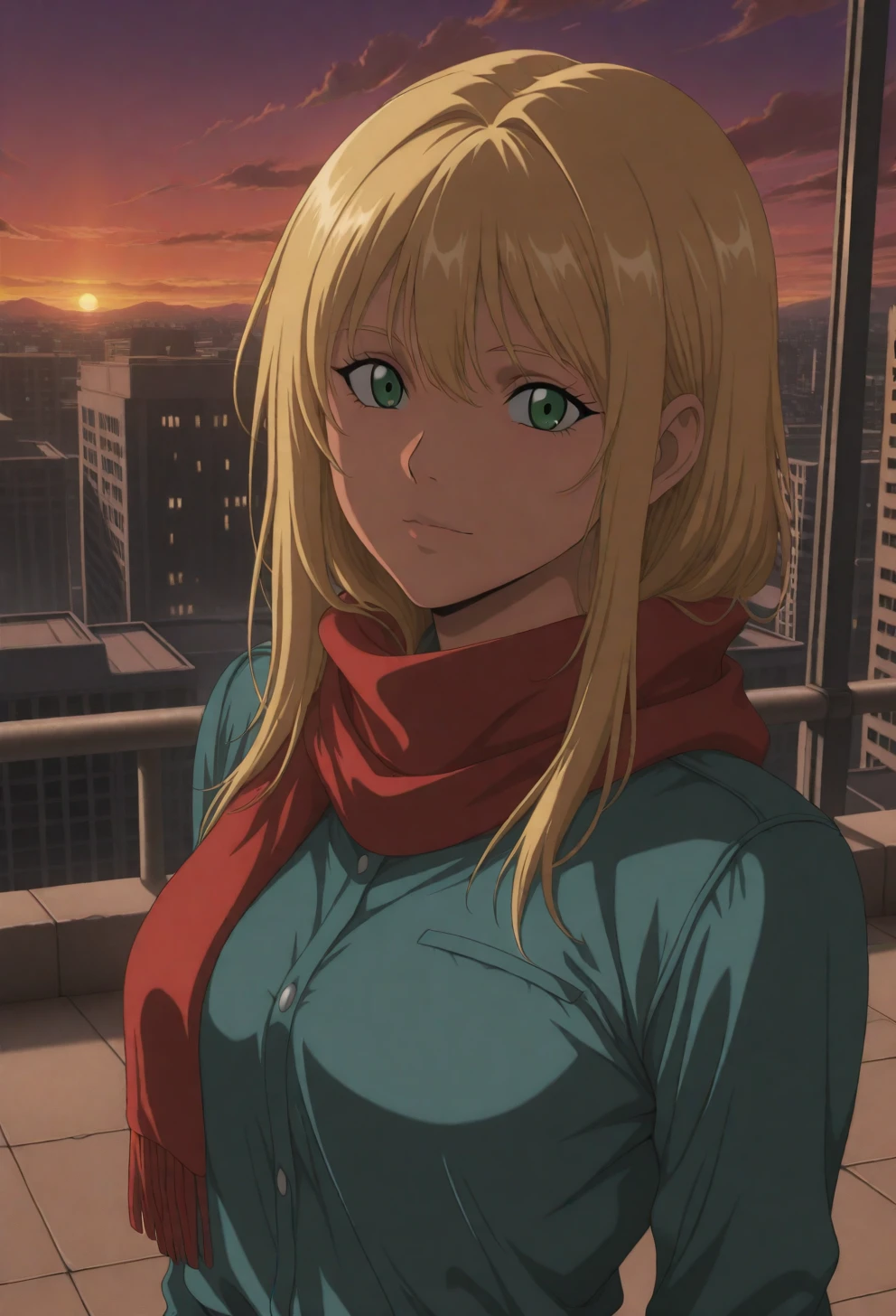 <lora:Sysdeep_char23 - [Custom Character] - IllustriousXL v1:1> sysdeep_char23, 1girl, long hair, blonde hair, green eyes, solo, , posing on rooftop, sunset, urban background, flowing scarf, adventurous, anime coloring