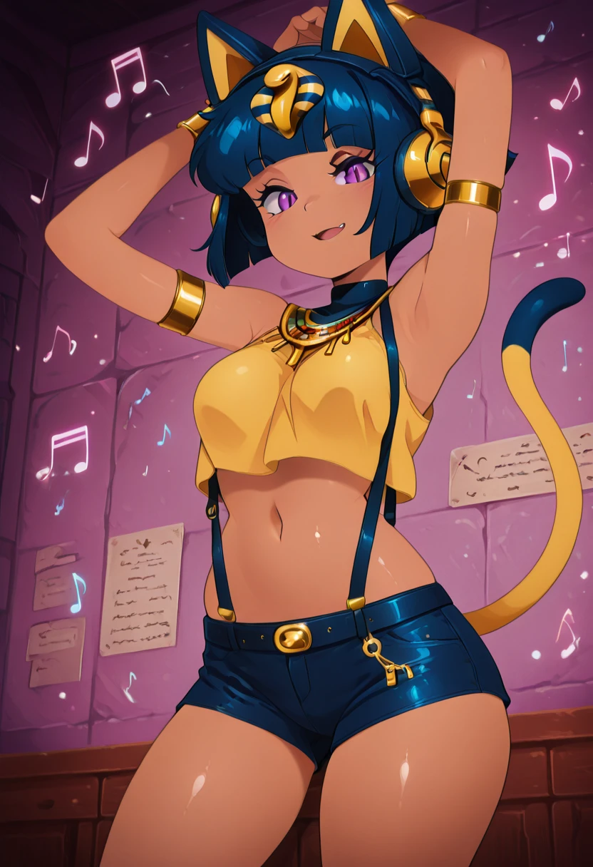 masterpiece, best quality, solo, curvy, beautiful eyes, narrow waist, wide hips, 1girl, solo, smile, looking at viewer, foreshortening, close up, zzAnkhaDJ, purple eyes, blue hair, short hair, blunt bangs, bob cut, cat ears, dark skin, musical note, <lora:AnkhaDJ_IXL:1.0>, , smile, looking at viewer, cowboy shot, m1styc0s, shorts, suspenders, crop top, navel, midriff, denim, short shorts, denim shorts, skindentation, narrow waist, cosplay, shirt, suspender shorts, yellow shirt, stomach, yellow tank top, <lora:MistyPokemonCosplay_IXL:0.8>,,