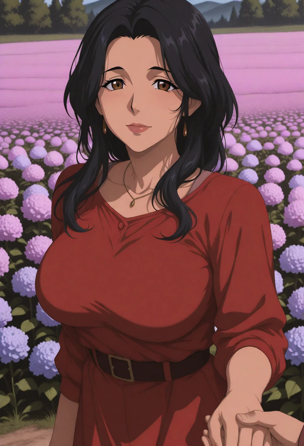 <lora:Sysdeep_char20 - [Custom Character] - IllustriousXL v1:1> sysdeep_char20, 1girl, long hair, , black hair, brown eyes, mature female, solo, wavy hair, holding hands, field of flowers, soft breeze, tender moment, sunny day, anime coloring