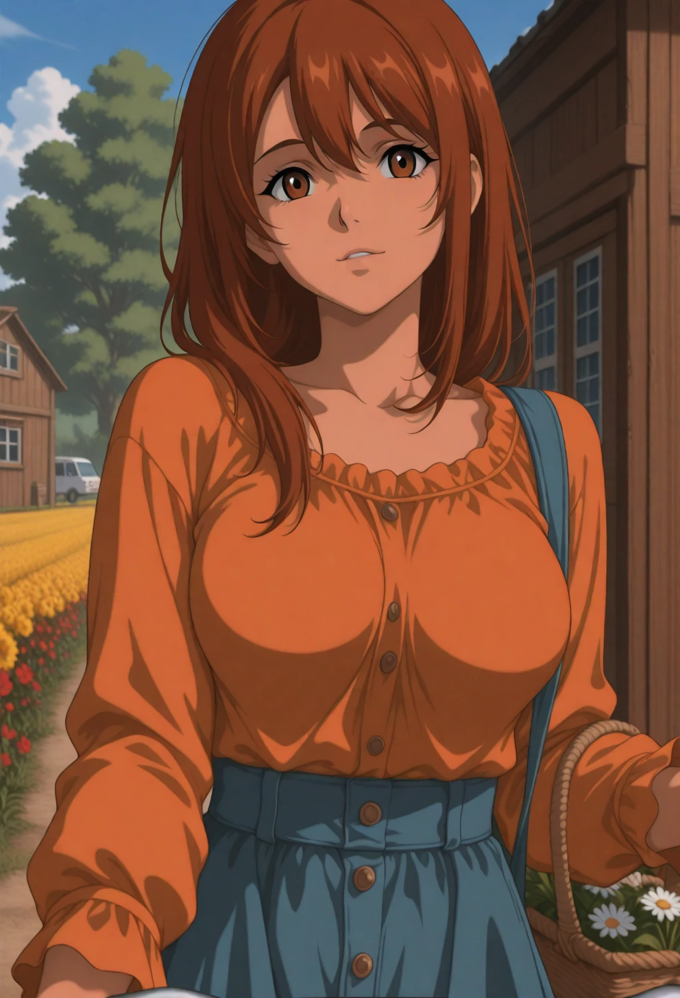 <lora:Sysdeep_char19 - [Custom Character] - IllustriousXL v1:1> sysdeep_char19, 1girl, solo, long hair, brown hair, brown eyes, medium breasts, large breasts, riding a bicycle, countryside, sunny, casual outfit, basket with flowers, anime coloring