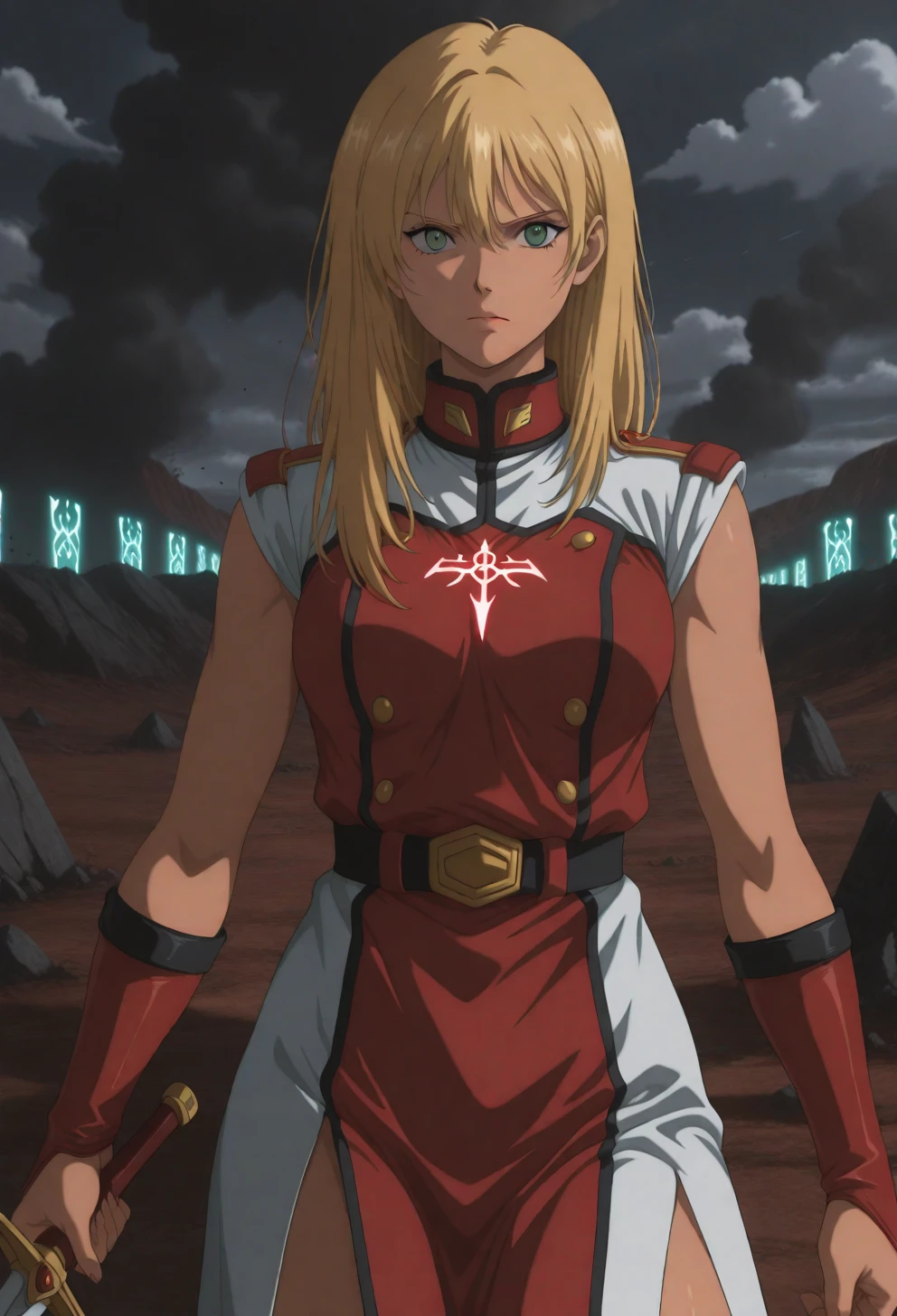 <lora:Sysdeep_char23 - [Custom Character] - IllustriousXL v1:1> sysdeep_char23, 1girl, long hair, blonde hair, green eyes, solo, medium breasts, posing with sword, glowing runes, determined look, battlefield, anime coloring