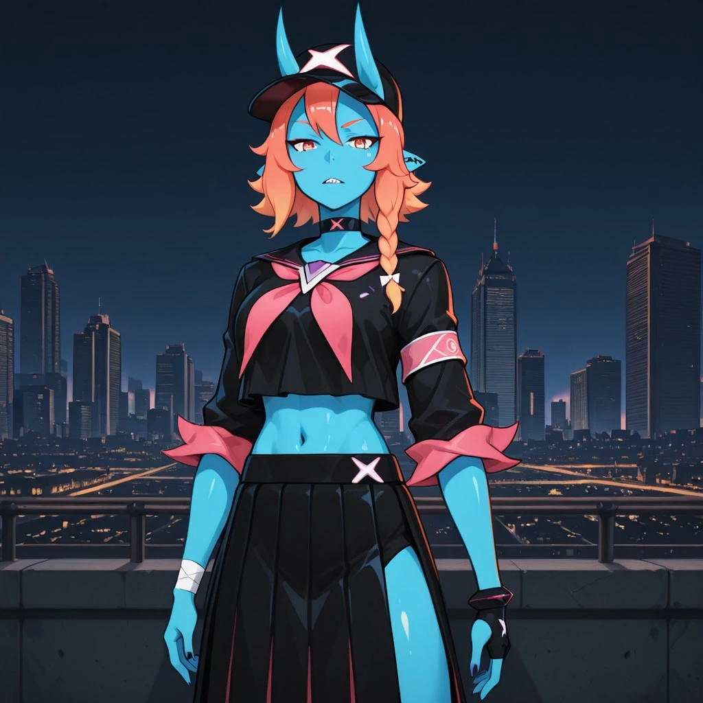 city in background, cowboy shot, looking at viewer, mako, mako_outfit, blue skin