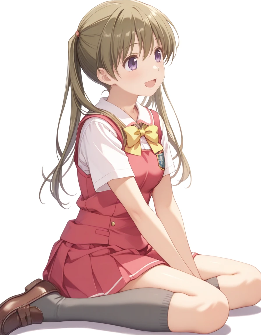 masterpiece, best quality, absurdres, <lora:kurusu_tomari_IL:1>, kurusu tomari, 1girl, solo, short sleeves, yellow ribbon tie, pleated skirt, school uniform, dark khaki hair, dark-pink pinafore, kneehighs, white shirts, loafers, pinafore, purple eyes, ribbon tie, dark-gray socks, dark-pink skirt, white background, from side, smile, open mouth, upright, sitting, yokozuwari,