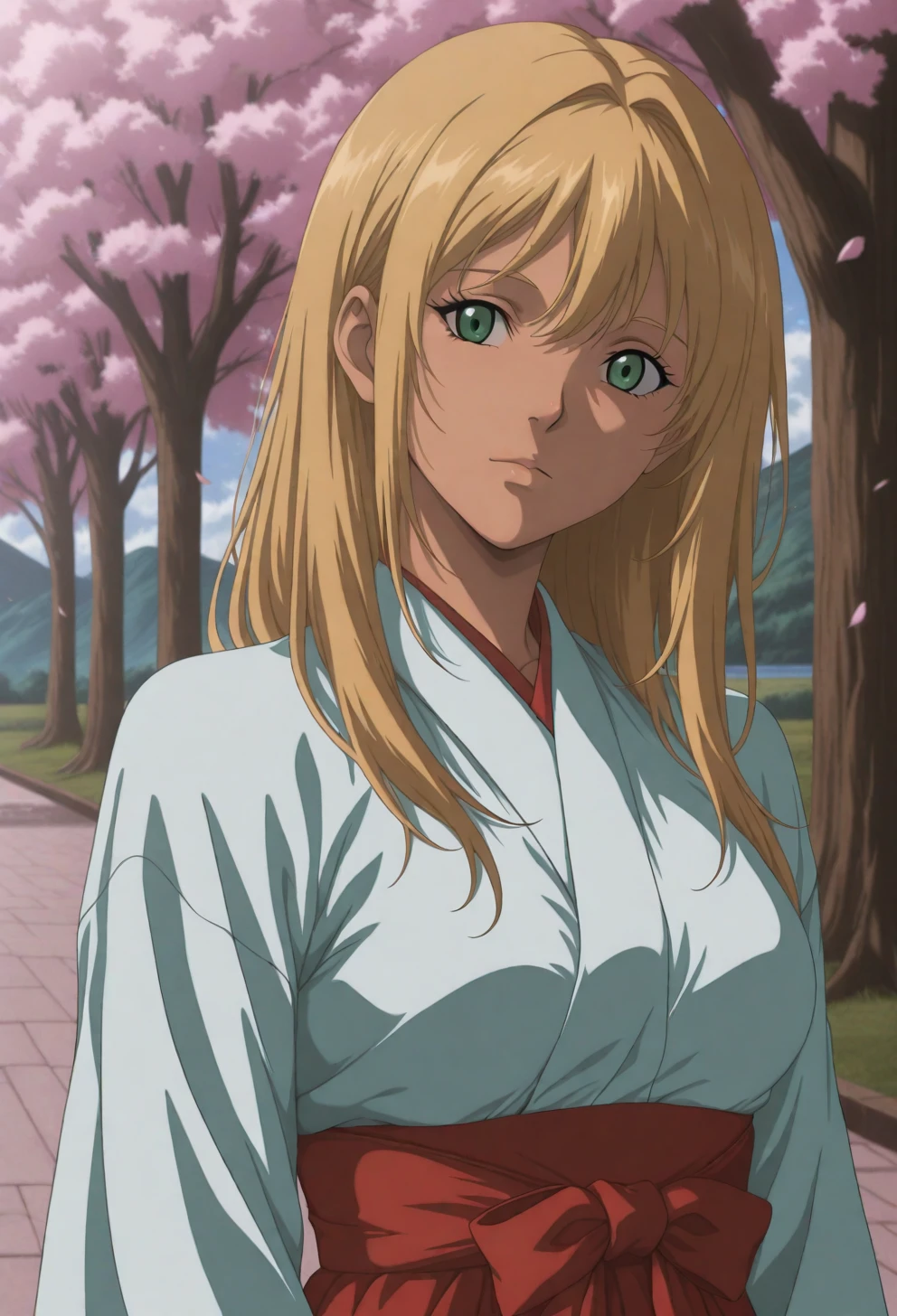 <lora:Sysdeep_char23 - [Custom Character] - IllustriousXL v1:1> sysdeep_char23, 1girl, long hair, blonde hair, green eyes, solo, medium breasts, standing under cherry blossoms, traditional outfit, peaceful vibe, anime coloring