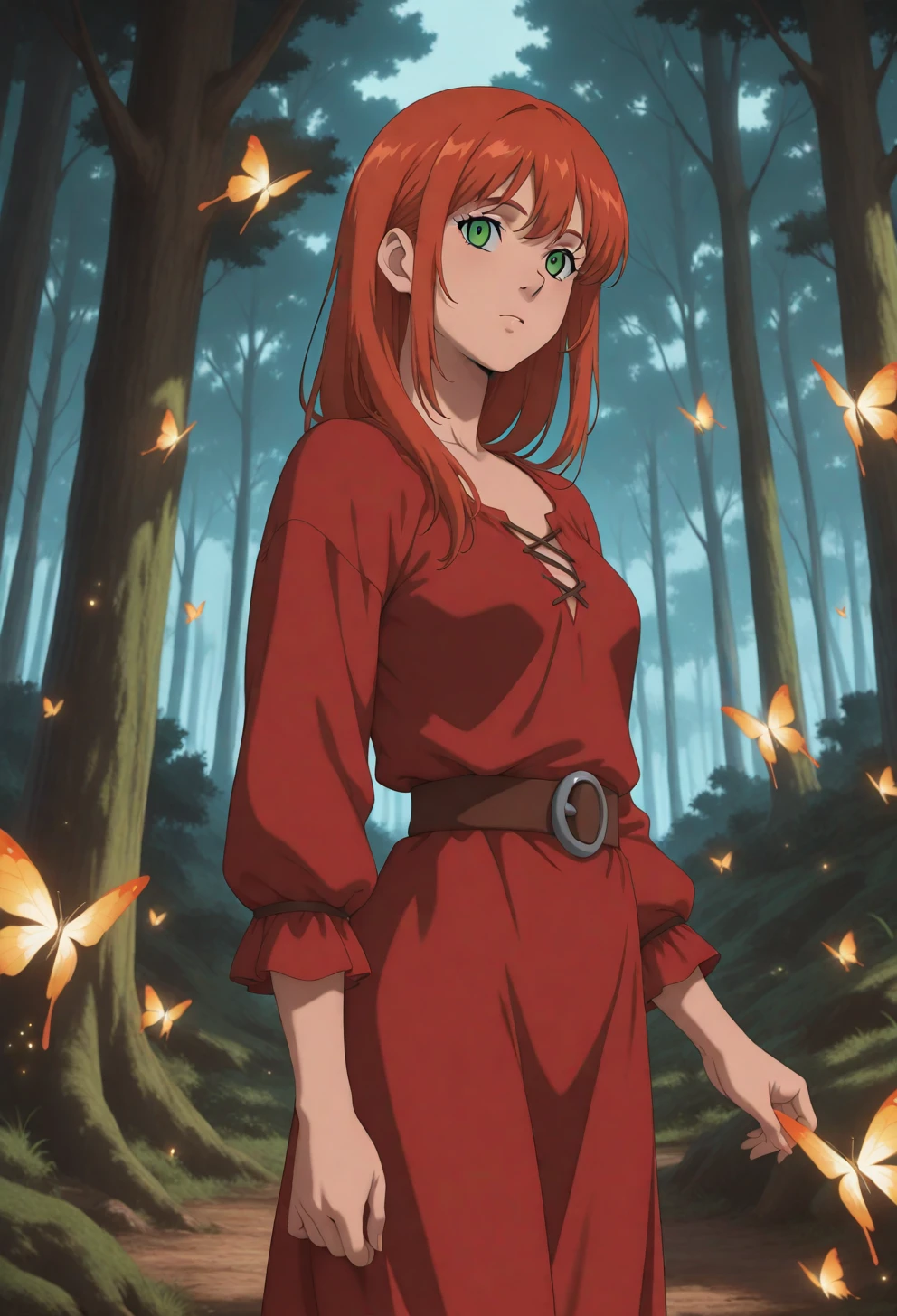 <lora:Sysdeep_char22 - [Custom Character] - IllustriousXL v1:1> sysdeep_char22, 1girl, long hair, green eyes, red hair, solo, orange hair, small breasts, standing in enchanted forest, glowing butterflies, mystical atmosphere, curious look, anime coloring